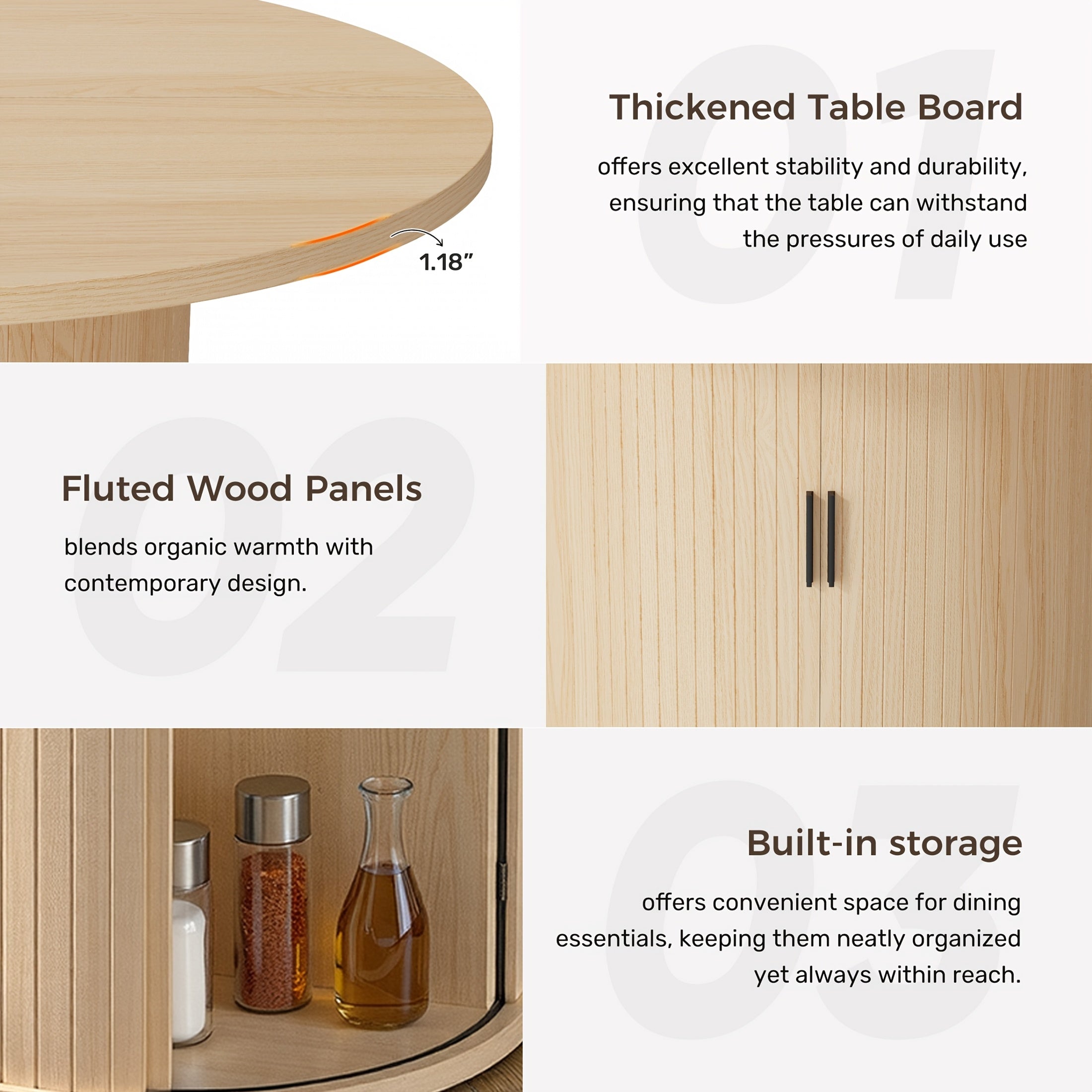 31.5” Round Dining Table Suitable for 2-4 People, Modern Farmhouse Kitchen Table with 2-Tier Storage Shelf & Fluted Base, Wood Table for Small Spaces, Assembly for Home, for Home Dining Room, Living Room, Wood