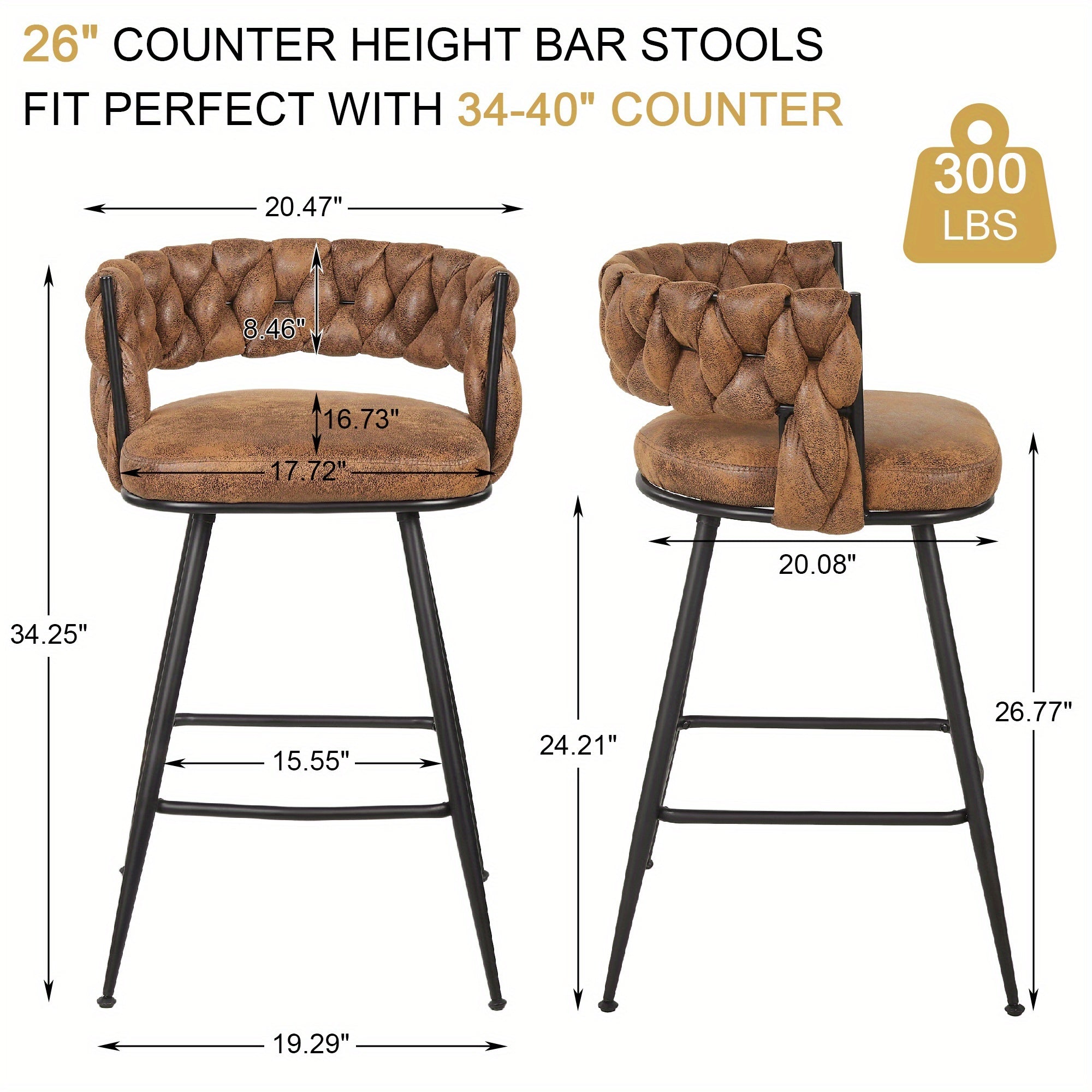 Set Of 2\u002F4\u002F6 Modern PU Leather Counter Stools, Black Legs Mid Century Weaved Back Bar Counter with Footrest, Bar Stools for Kitchen Island
