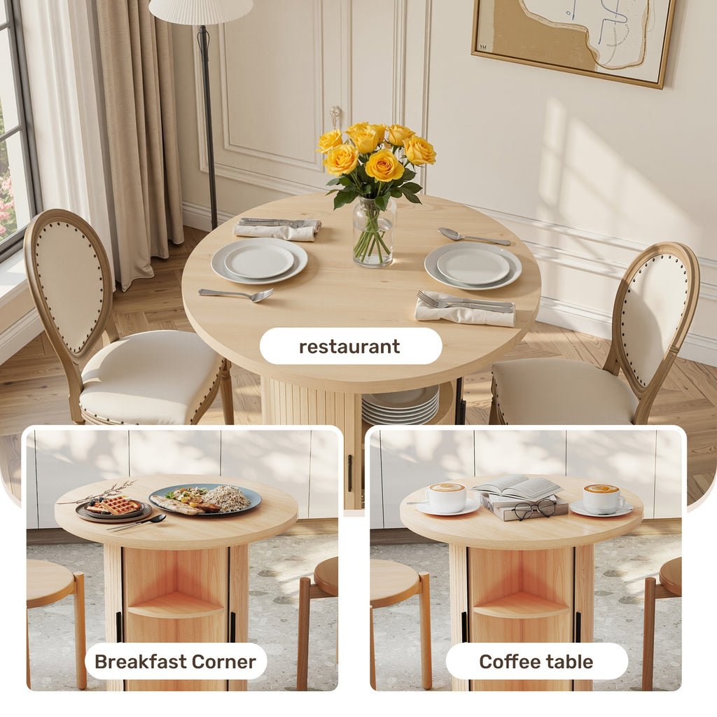 31.5” Round Dining Table Suitable for 2-4 People, Modern Farmhouse Kitchen Table with 2-Tier Storage Shelf & Fluted Base, Wood Table for Small Spaces, Assembly for Home, for Home Dining Room, Living Room, Wood