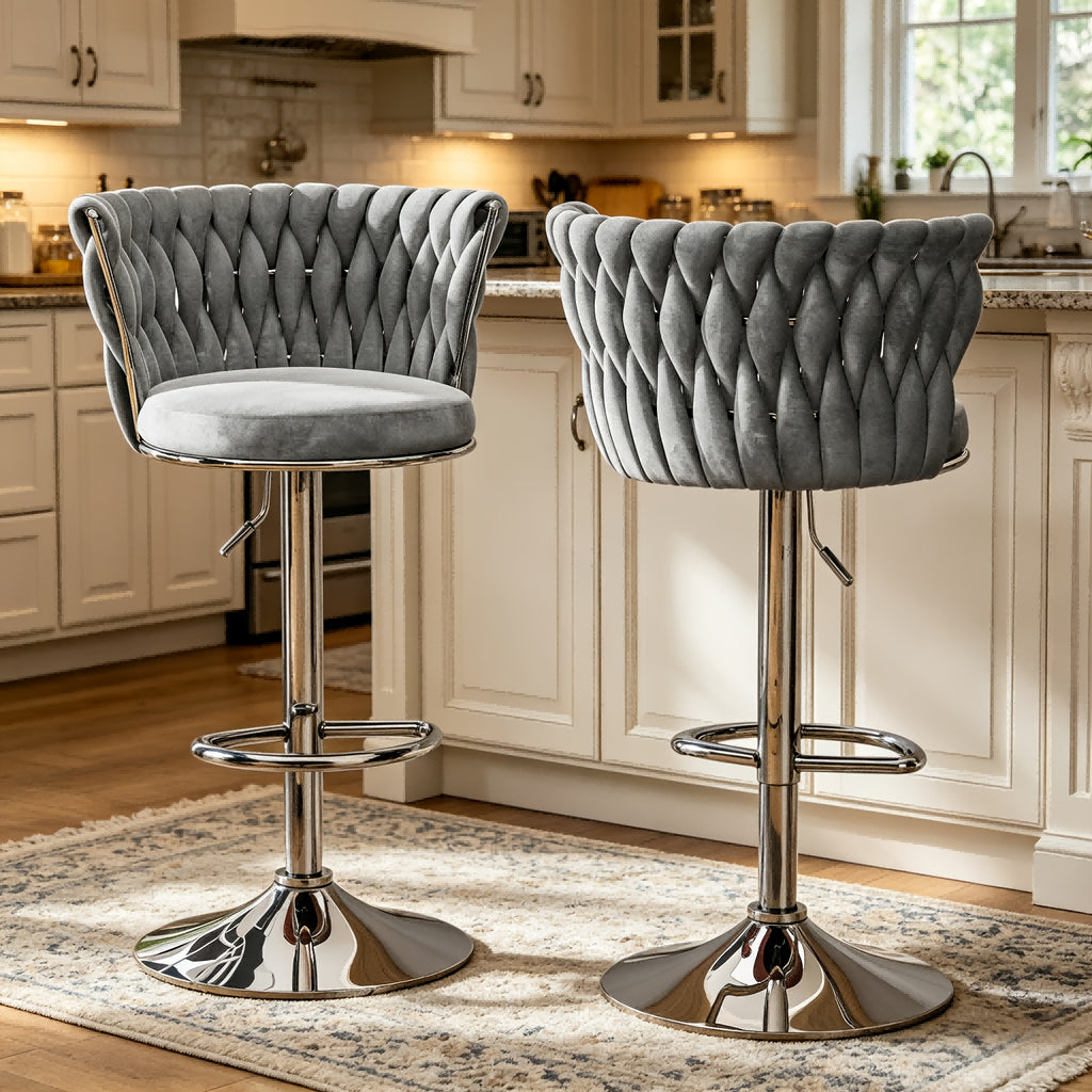 Set Of 2\u002F4 Bar Stools, Modern Braided Velvet Adjustable Swivel Bar Chairs with Backrest, Height Adjustable Counter Stools with Footrest for Kitchen Island, Pub, Home Bar - 4 Colors (Gray\u002FBeige\u002FPink\u002FBlack)