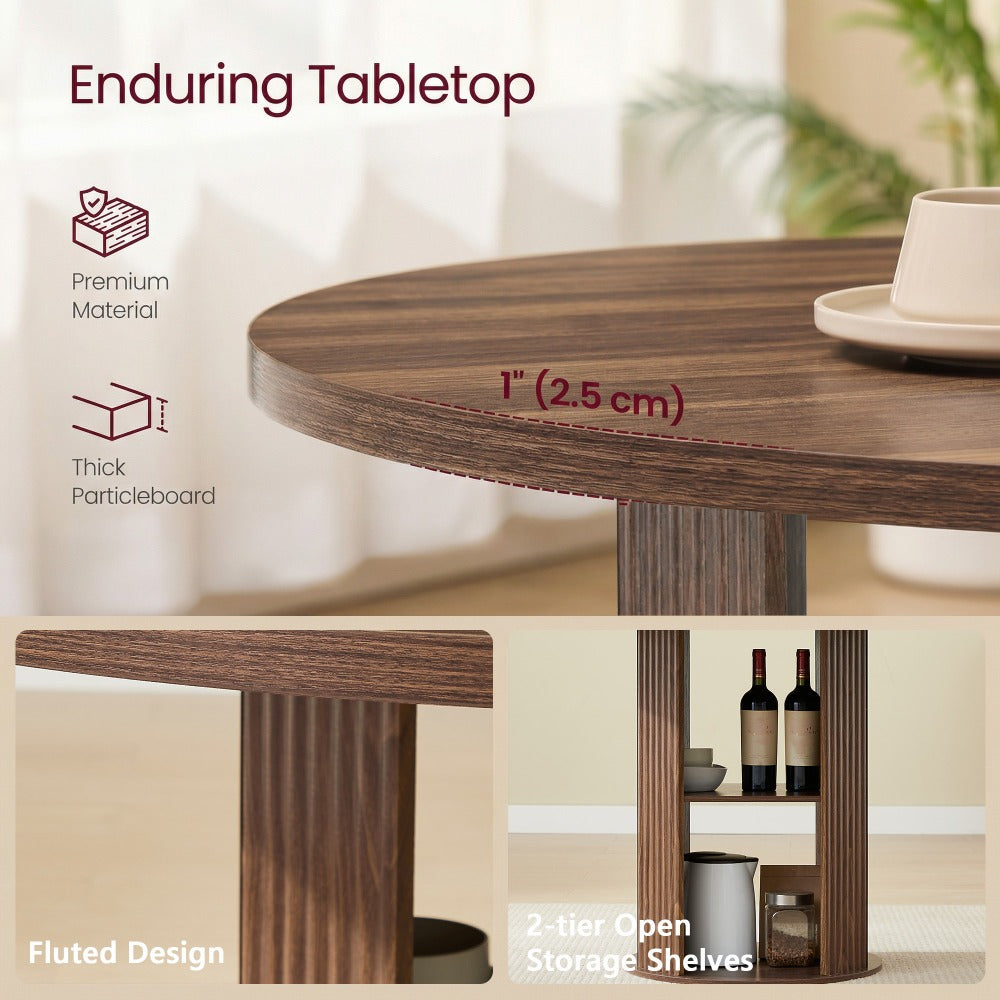 Andehomy 3pcs Retro Round Dining Table Set with 2 Chairs - Fluted Tabletop & Wood Base Suitable for 2-4 People, Space-Saving Small Kitchen Table with Fabric Upholstered Chairs, Walnut Brown for, Living Room, Compact Dining Room