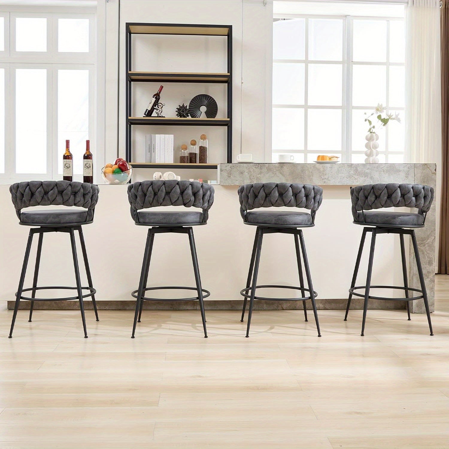 2\u002F4pcs Dark Brown Modern Bar Stool, Adjustable Faux Leather Upholstered Swivel CounterStools with Woven Back, for Restaurant, Cafe, Modern Bar Stool, Thickened Seat Cushion Souare Lsland Barstools with Back