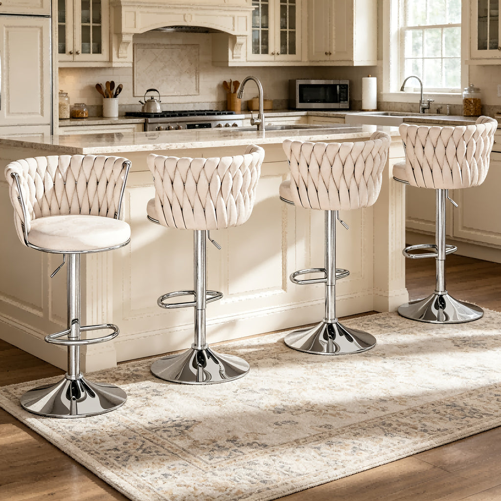 Set Of 2\u002F4 Bar Stools, Modern Braided Velvet Adjustable Swivel Bar Chairs with Backrest, Height Adjustable Counter Stools with Footrest for Kitchen Island, Pub, Home Bar - 4 Colors (Gray\u002FBeige\u002FPink\u002FBlack)