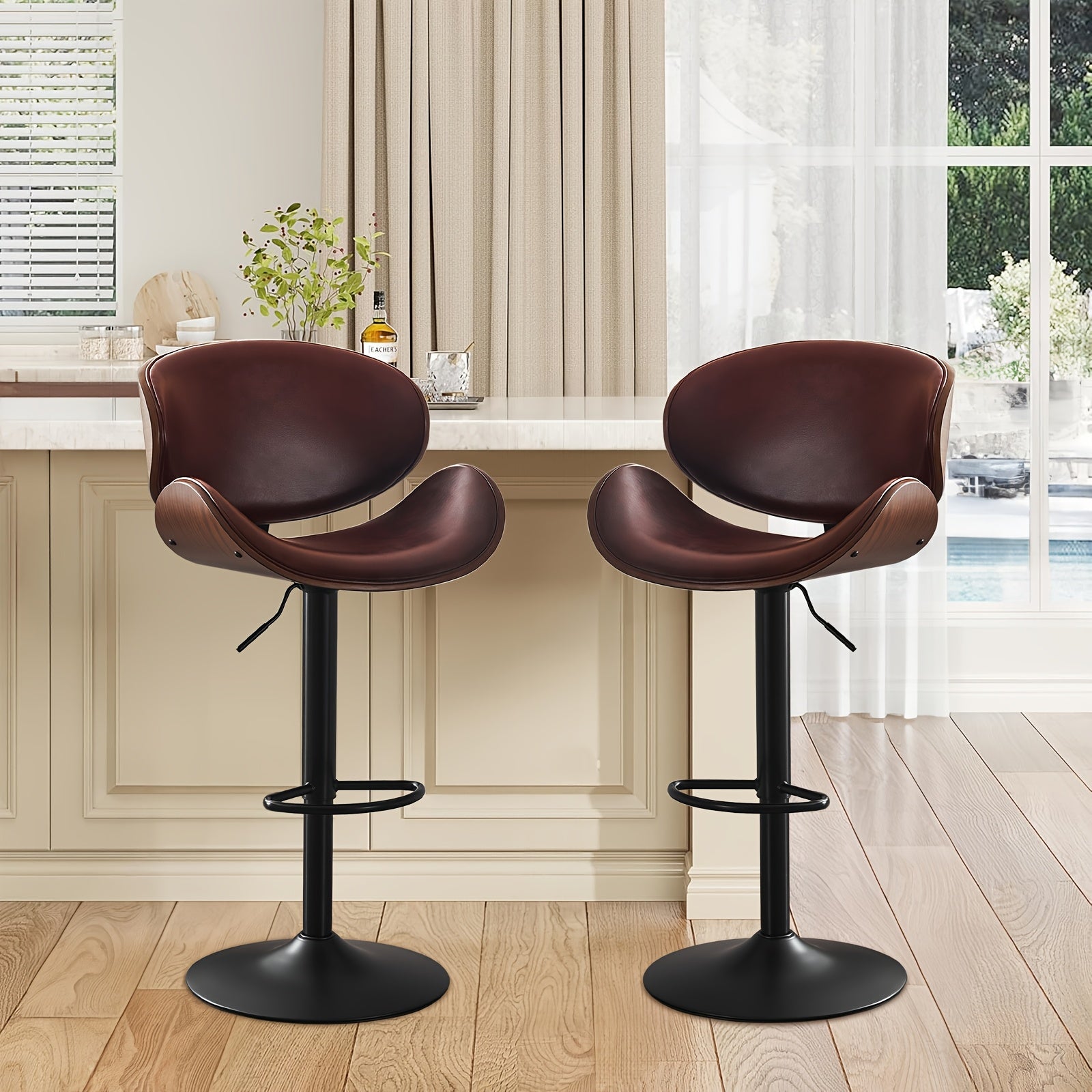 Bar Stools Set of 2\u002F4, Height-Adjustable Bar Stool Chairs, Faux Leather Upholstered Counter Height Wood Chairs with Ergonomic Backrest, Footrest And Sturdy Base, Fit for Kitchen Counter Dining Room Cafe