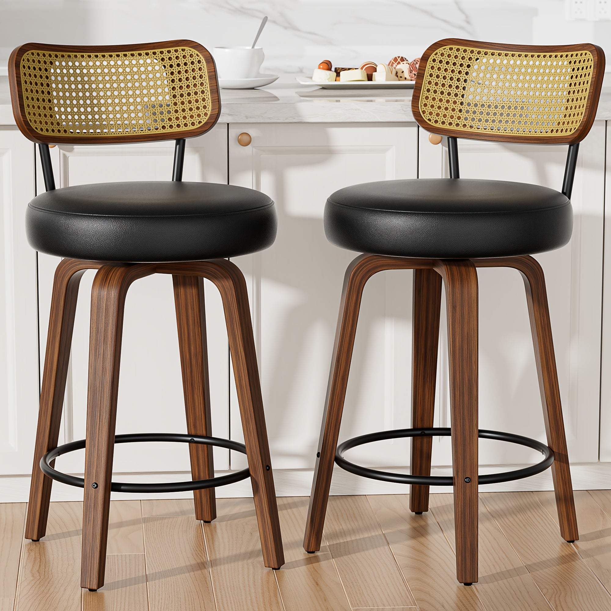 1\u002F2\u002F3\u002F4pcs High-End Faux Leather Bar Stools, 360° Swivel Counter Chairs with Thick Cushion, Curved Bentwood Legs & Durable Rubberwood Frame, Luxury Modern Seating for Kitchen & Dining