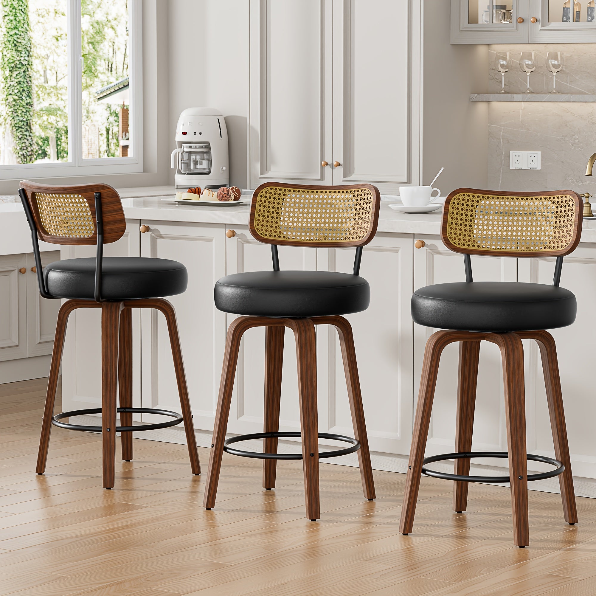 1\u002F2\u002F3\u002F4pcs High-End Faux Leather Bar Stools, 360° Swivel Counter Chairs with Thick Cushion, Curved Bentwood Legs & Durable Rubberwood Frame, Luxury Modern Seating for Kitchen & Dining