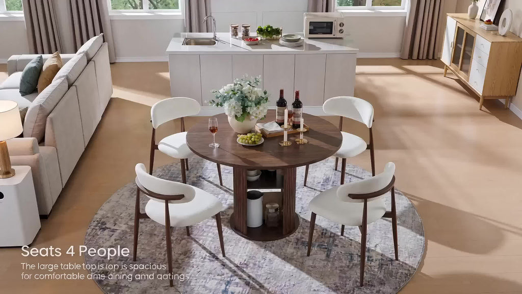 Andehomy 3pcs Retro Round Dining Table Set with 2 Chairs - Fluted Tabletop & Wood Base Suitable for 2-4 People, Space-Saving Small Kitchen Table with Fabric Upholstered Chairs, Walnut Brown for, Living Room, Compact Dining Room