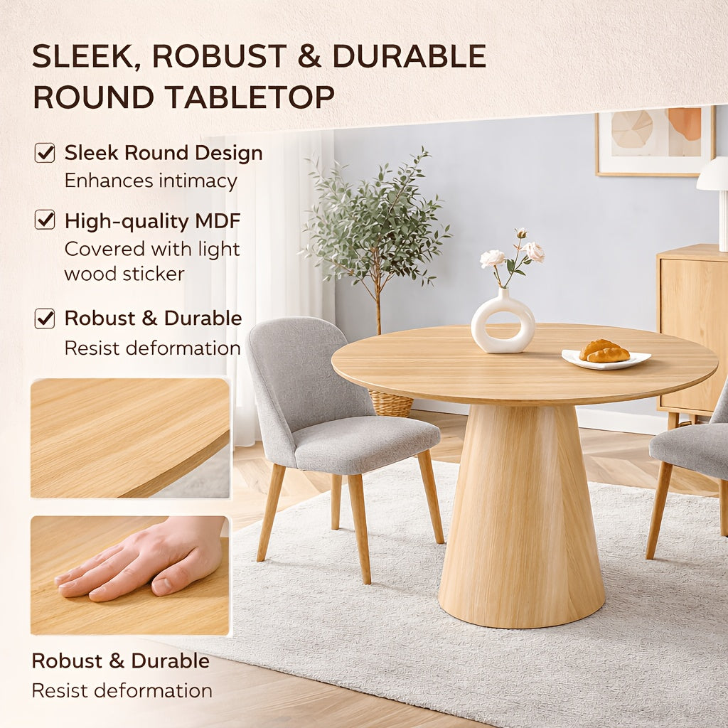 Modern Round Dining Table, 44.8'' Light Wood Finish MDF Tabletop with Conical Pedestal Base, Scandinavian Style Kitchen Dining Table for 4-6 People, Natural Oak Color, Space-Saving Design for Dining Room & Apartment