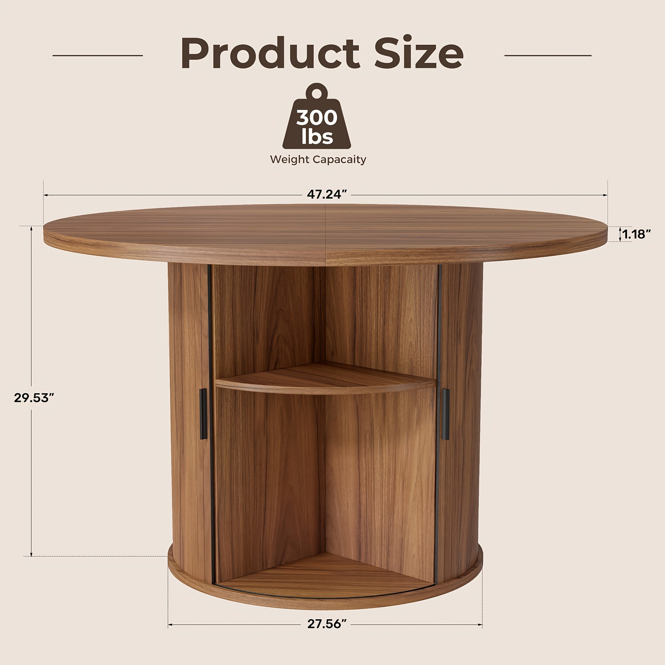 31.5” Round Dining Table Suitable for 2-4 People, Modern Farmhouse Kitchen Table with 2-Tier Storage Shelf & Fluted Base, Wood Table for Small Spaces, Assembly for Home, for Home Dining Room, Living Room, Wood