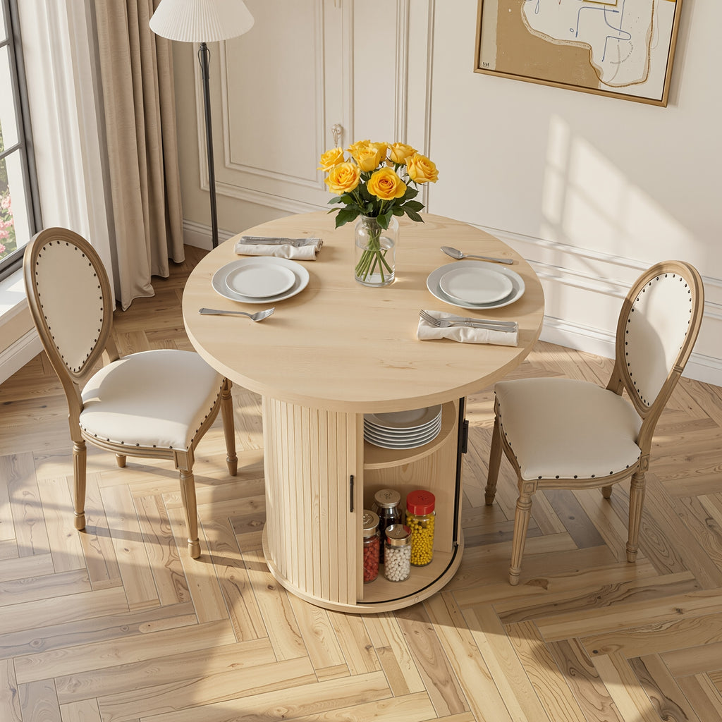 31.5” Round Dining Table Suitable for 2-4 People, Modern Farmhouse Kitchen Table with 2-Tier Storage Shelf & Fluted Base, Wood Table for Small Spaces, Assembly for Home, for Home Dining Room, Living Room, Wood