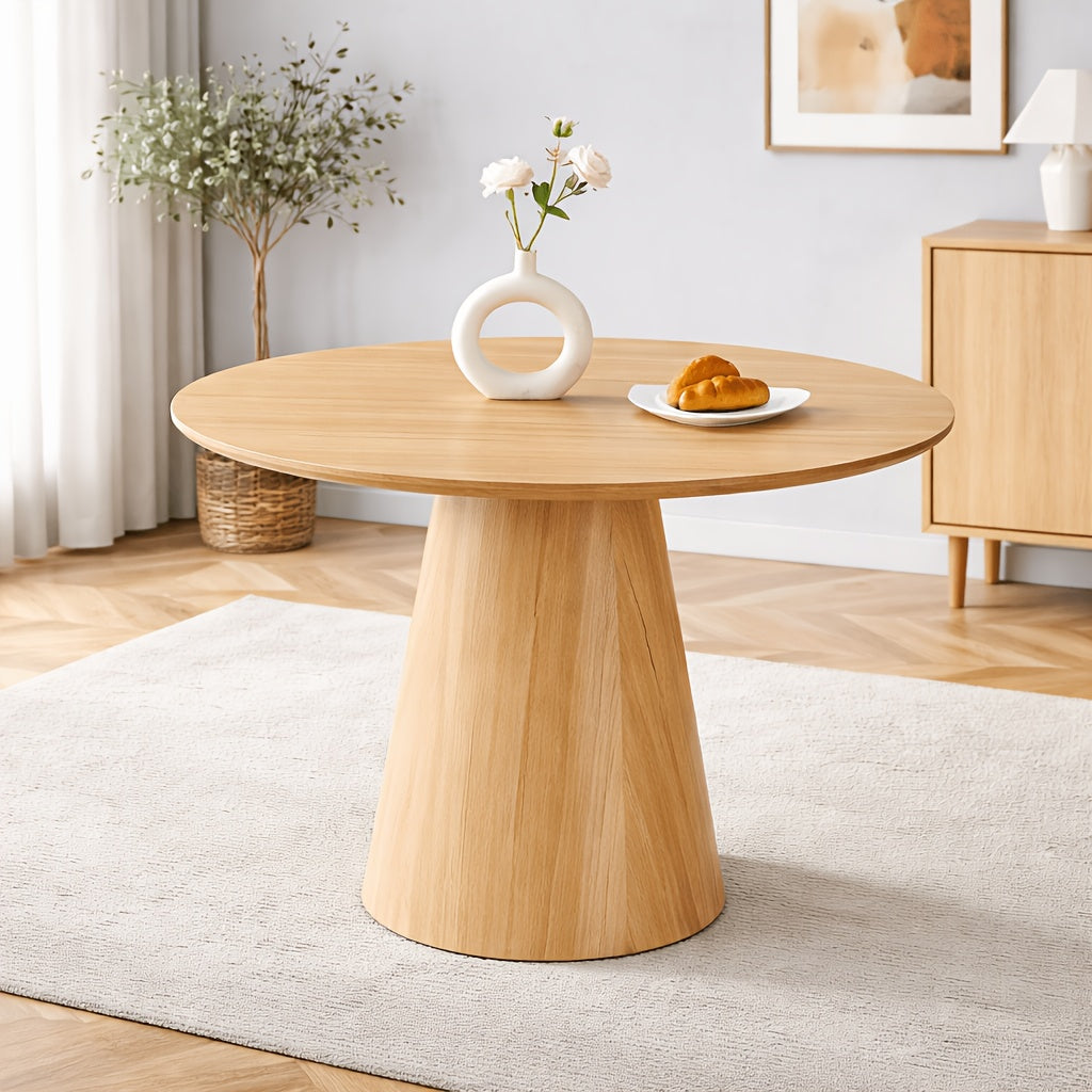 Modern Round Dining Table, 44.8'' Light Wood Finish MDF Tabletop with Conical Pedestal Base, Scandinavian Style Kitchen Dining Table for 4-6 People, Natural Oak Color, Space-Saving Design for Dining Room & Apartment