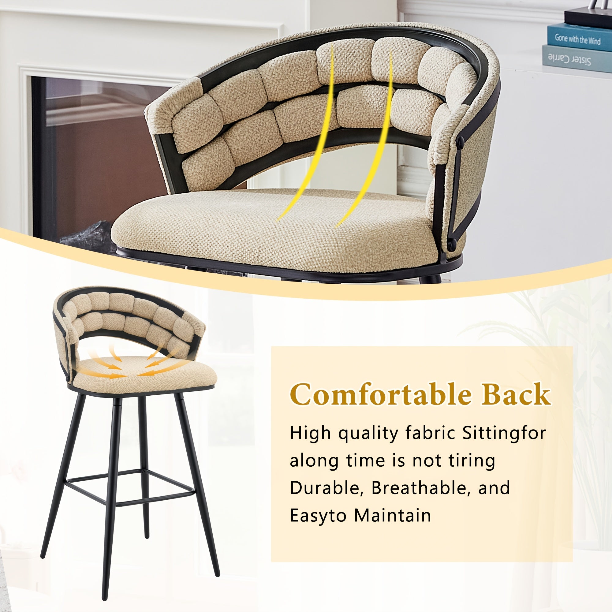 Bar Stools Set Of 2, Modern Velvet Counter Height Upholstered Bar Chairs with Soft Padded Seat And Backrest, Black Iron Legs Kitchen Island Stools, Luxury Breakfast Bar Chairs for Kitchen, Dining Room, Apartment, Home Bar