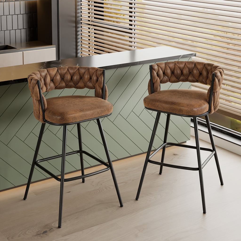 Set Of 2\u002F4\u002F6 Modern PU Leather Counter Stools, Black Legs Mid Century Weaved Back Bar Counter with Footrest, Bar Stools for Kitchen Island