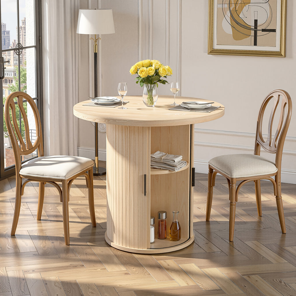 31.5” Round Dining Table Suitable for 2-4 People, Modern Farmhouse Kitchen Table with 2-Tier Storage Shelf & Fluted Base, Wood Table for Small Spaces, Assembly for Home, for Home Dining Room, Living Room, Wood