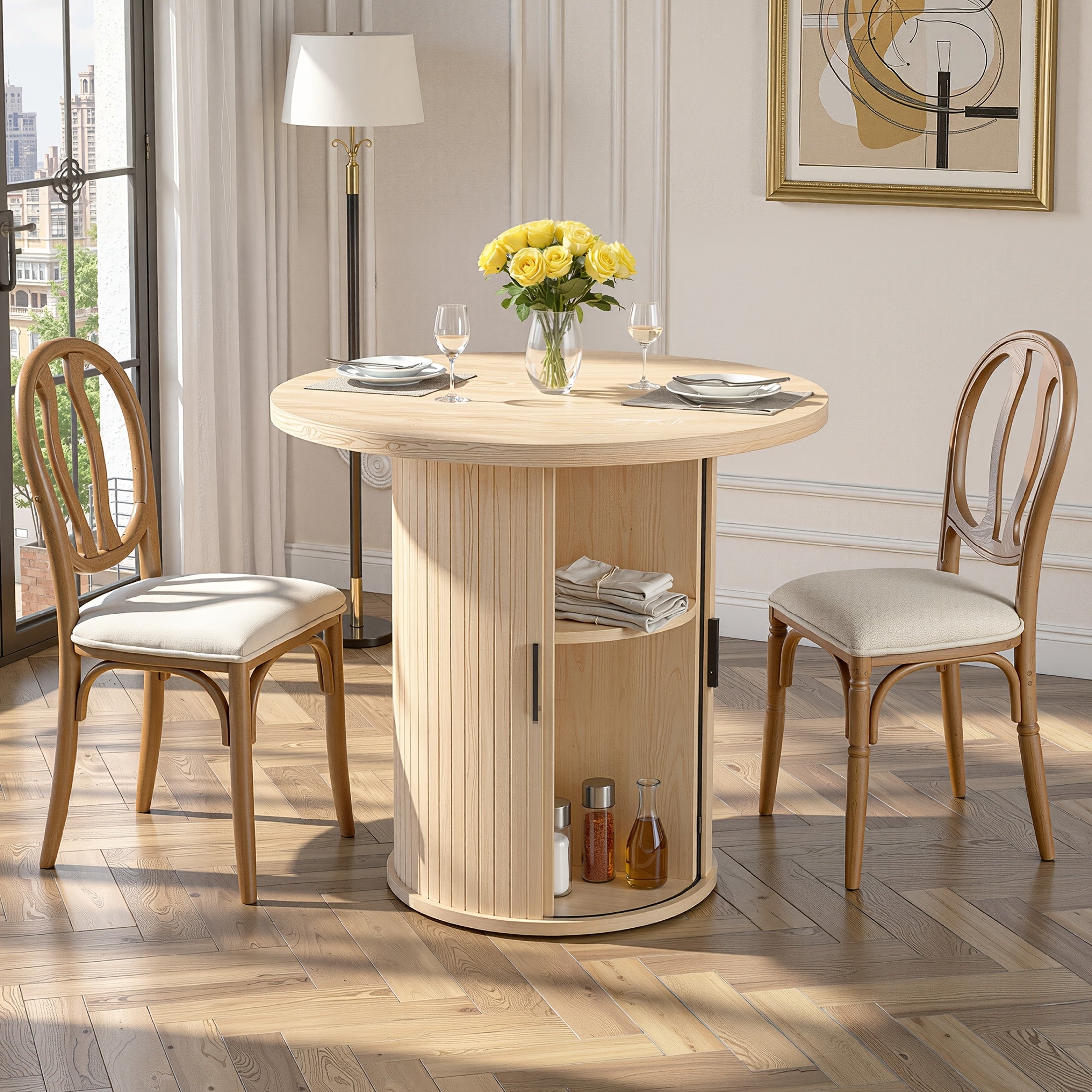 31.5” Round Dining Table Suitable for 2-4 People, Modern Farmhouse Kitchen Table with 2-Tier Storage Shelf & Fluted Base, Wood Table for Small Spaces, Assembly for Home, for Home Dining Room, Living Room, Wood