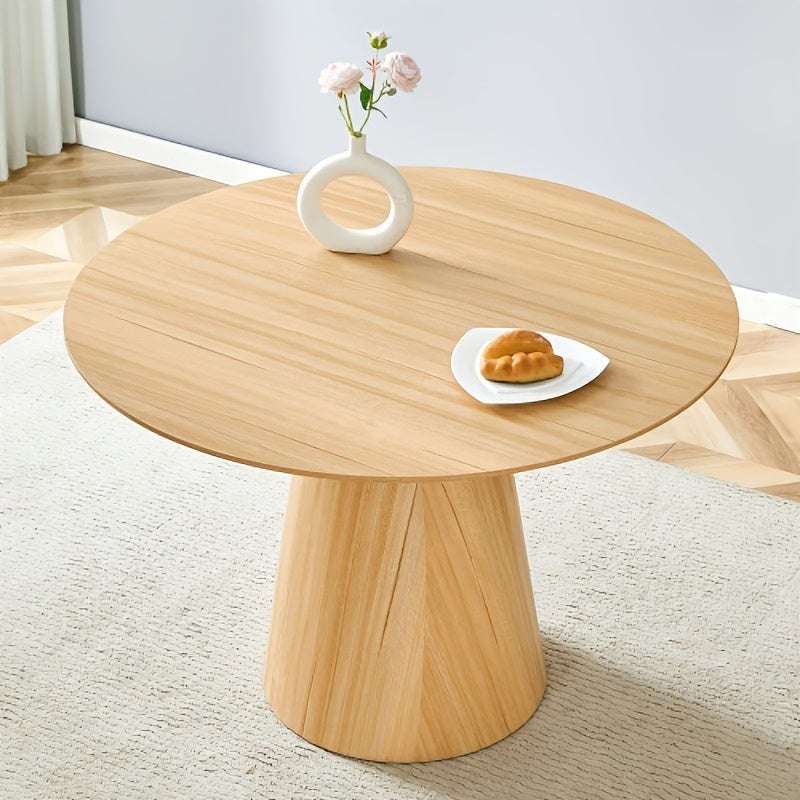 Modern Round Dining Table, 44.8'' Light Wood Finish MDF Tabletop with Conical Pedestal Base, Scandinavian Style Kitchen Dining Table for 4-6 People, Natural Oak Color, Space-Saving Design for Dining Room & Apartment
