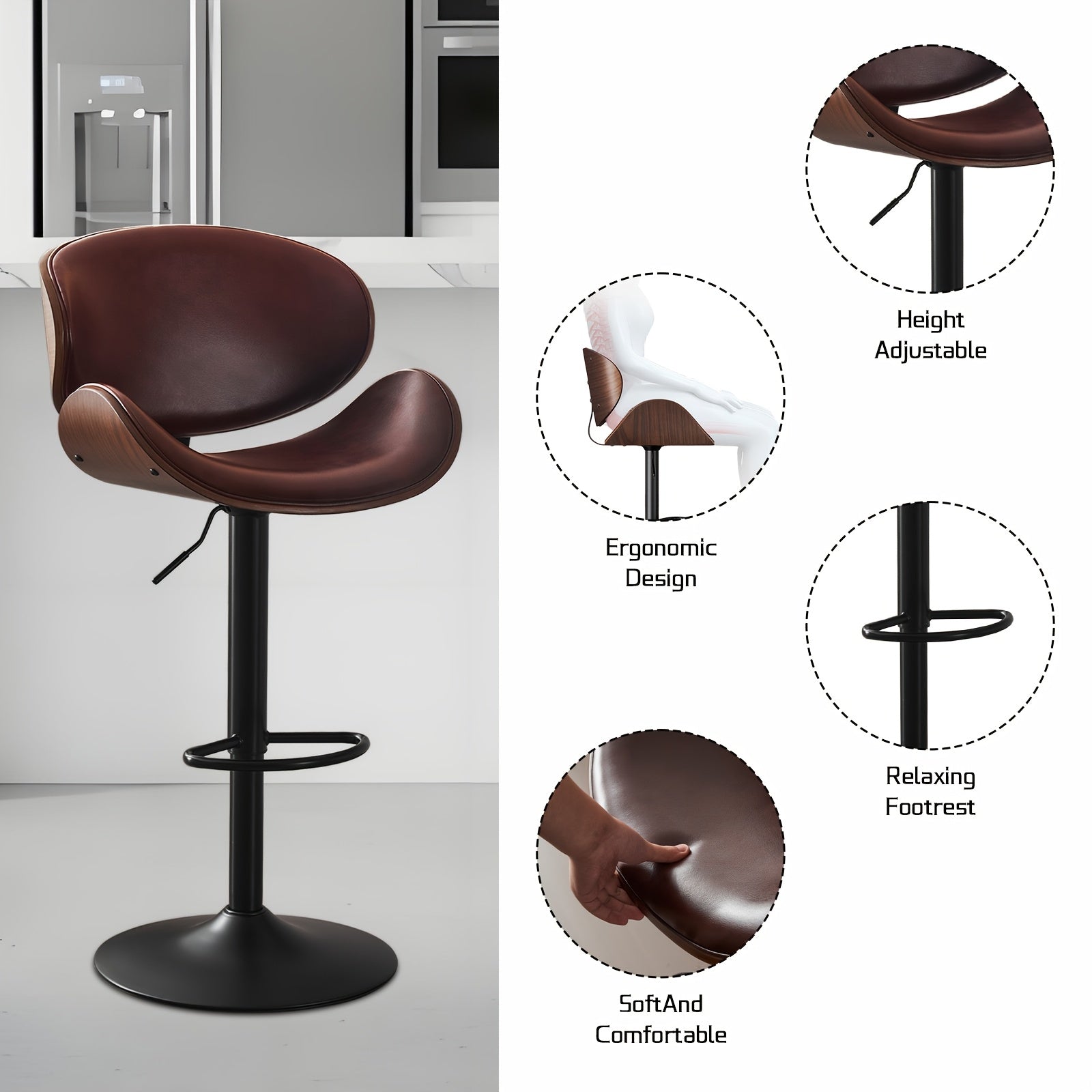 Bar Stools Set of 2\u002F4, Height-Adjustable Bar Stool Chairs, Faux Leather Upholstered Counter Height Wood Chairs with Ergonomic Backrest, Footrest And Sturdy Base, Fit for Kitchen Counter Dining Room Cafe