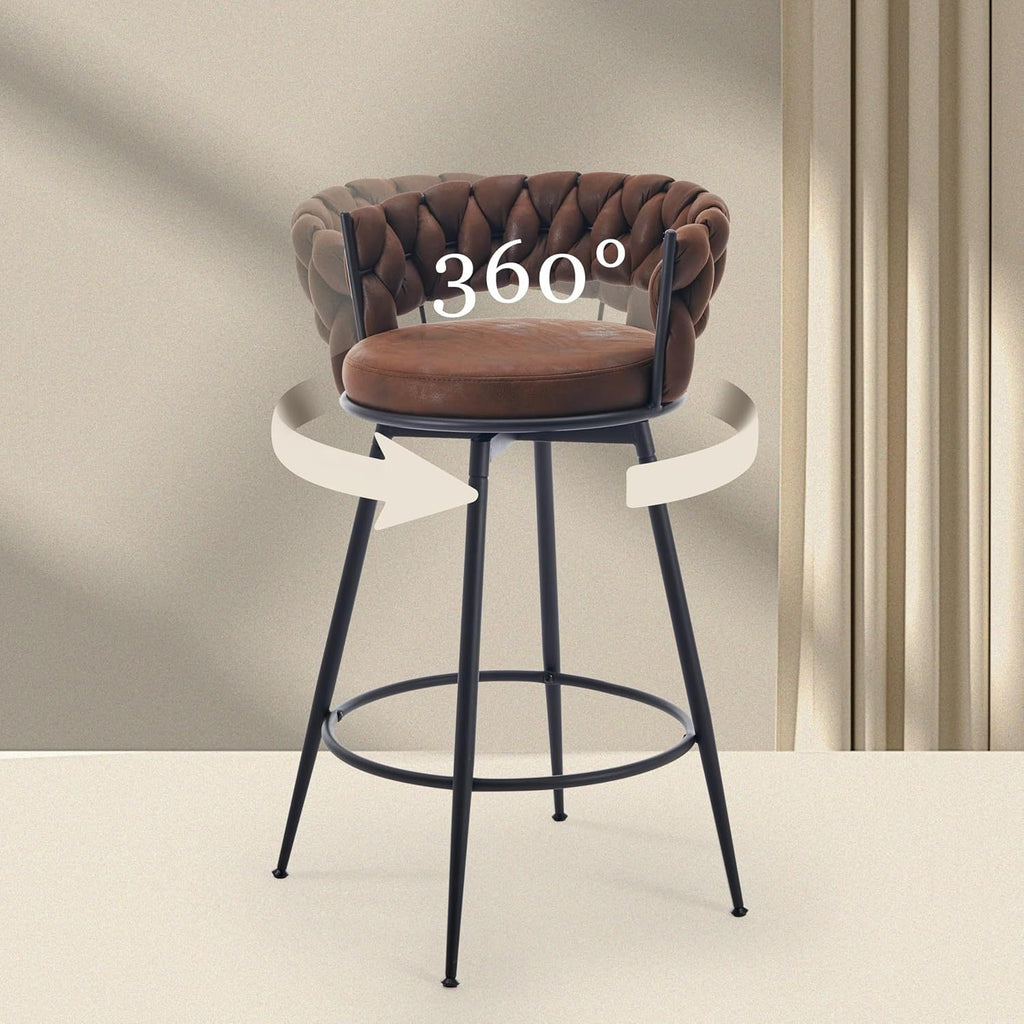 2\u002F4pcs Dark Brown Modern Bar Stool, Adjustable Faux Leather Upholstered Swivel CounterStools with Woven Back, for Restaurant, Cafe, Modern Bar Stool, Thickened Seat Cushion Souare Lsland Barstools with Back