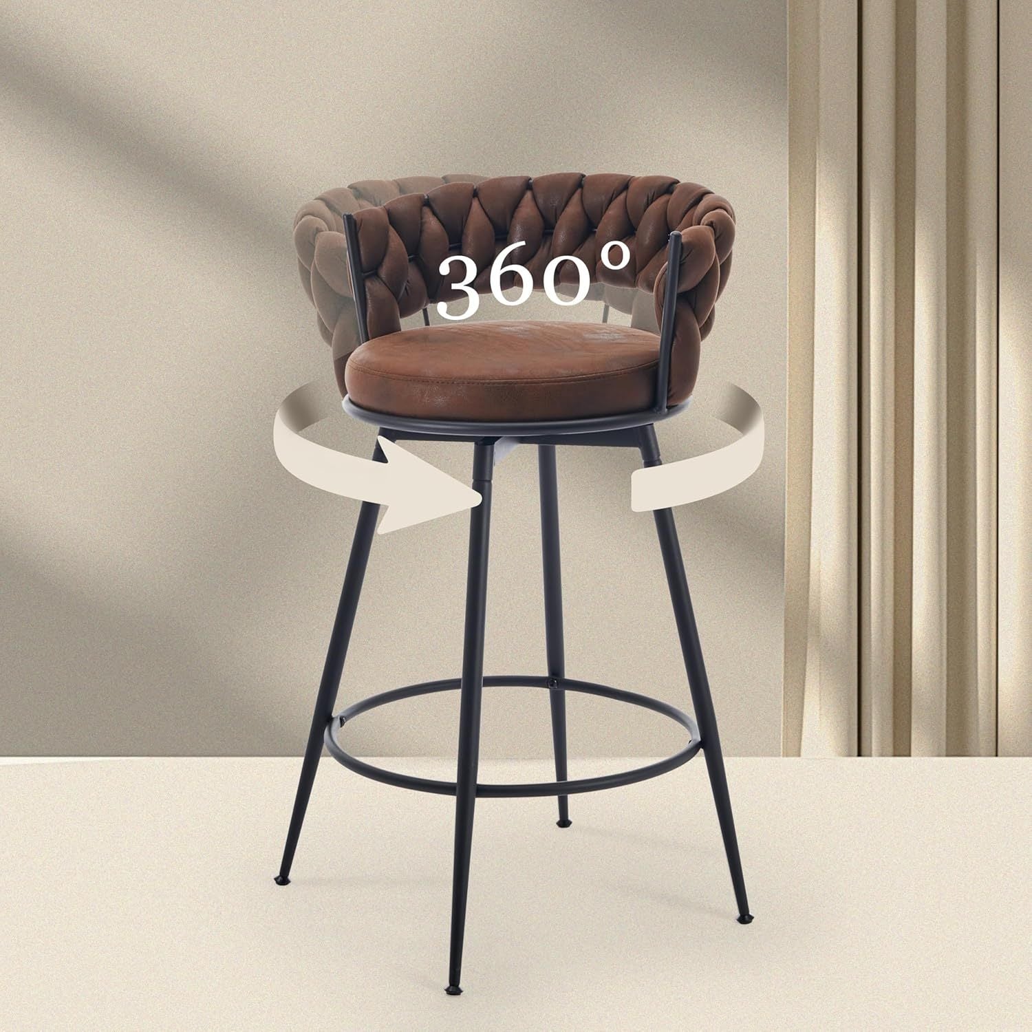 2\u002F4pcs Dark Brown Modern Bar Stool, Adjustable Faux Leather Upholstered Swivel CounterStools with Woven Back, for Restaurant, Cafe, Modern Bar Stool, Thickened Seat Cushion Souare Lsland Barstools with Back