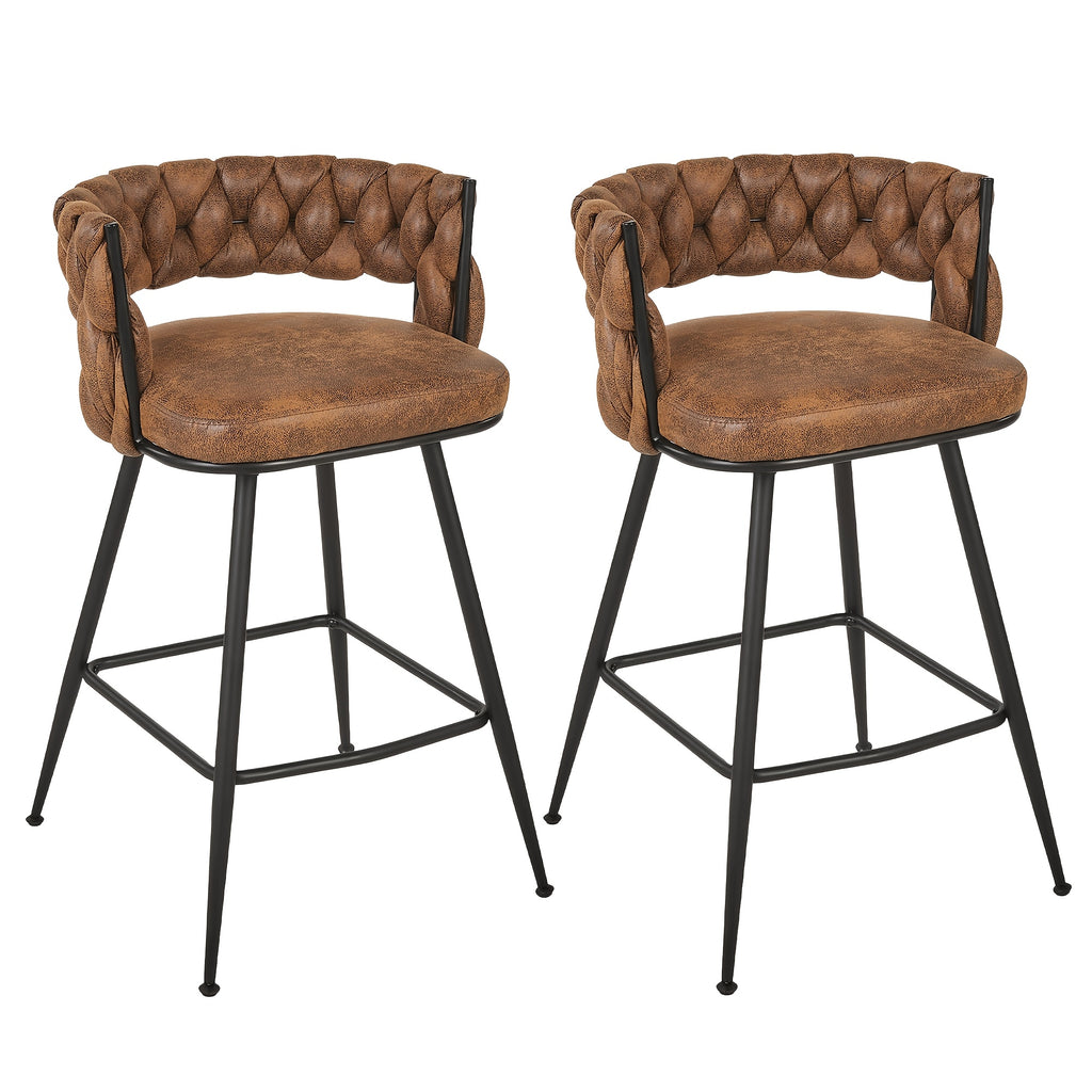 Set Of 2\u002F4\u002F6 Modern PU Leather Counter Stools, Black Legs Mid Century Weaved Back Bar Counter with Footrest, Bar Stools for Kitchen Island