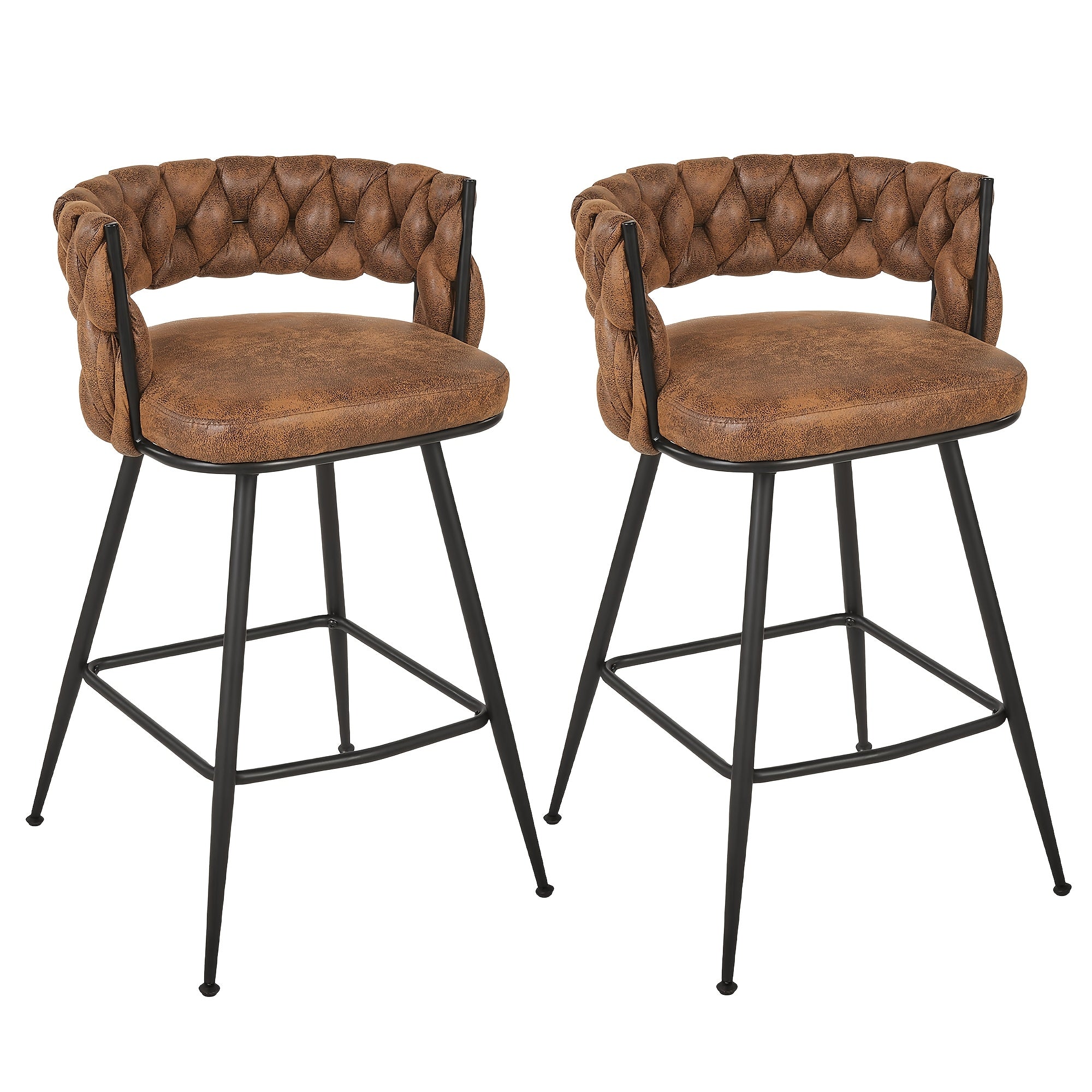 Set Of 2\u002F4\u002F6 Modern PU Leather Counter Stools, Black Legs Mid Century Weaved Back Bar Counter with Footrest, Bar Stools for Kitchen Island