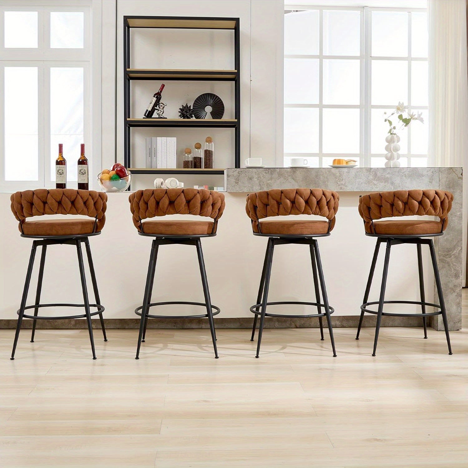 2\u002F4pcs Dark Brown Modern Bar Stool, Adjustable Faux Leather Upholstered Swivel CounterStools with Woven Back, for Restaurant, Cafe, Modern Bar Stool, Thickened Seat Cushion Souare Lsland Barstools with Back