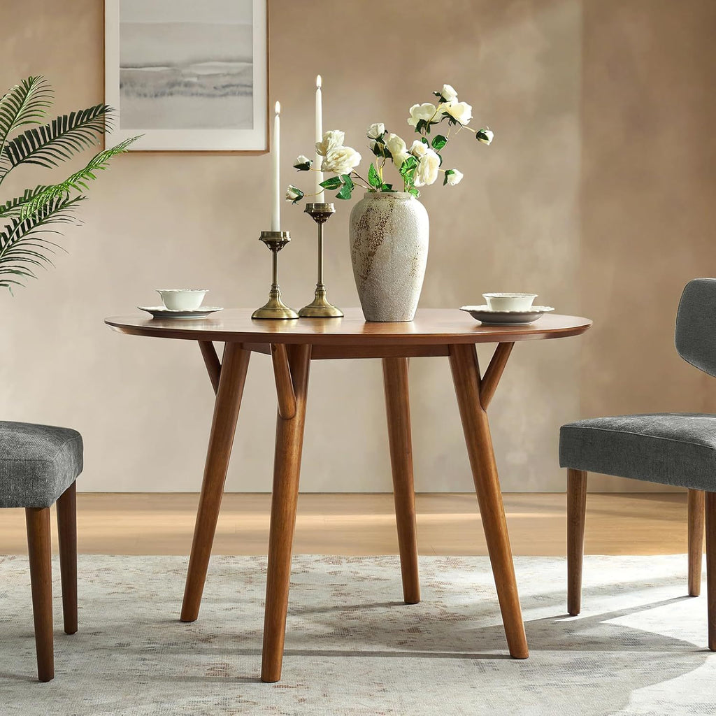 Round Dining Table, Mid Century Modern Wood Kitchen Dinner Table with Solid Wood Legs