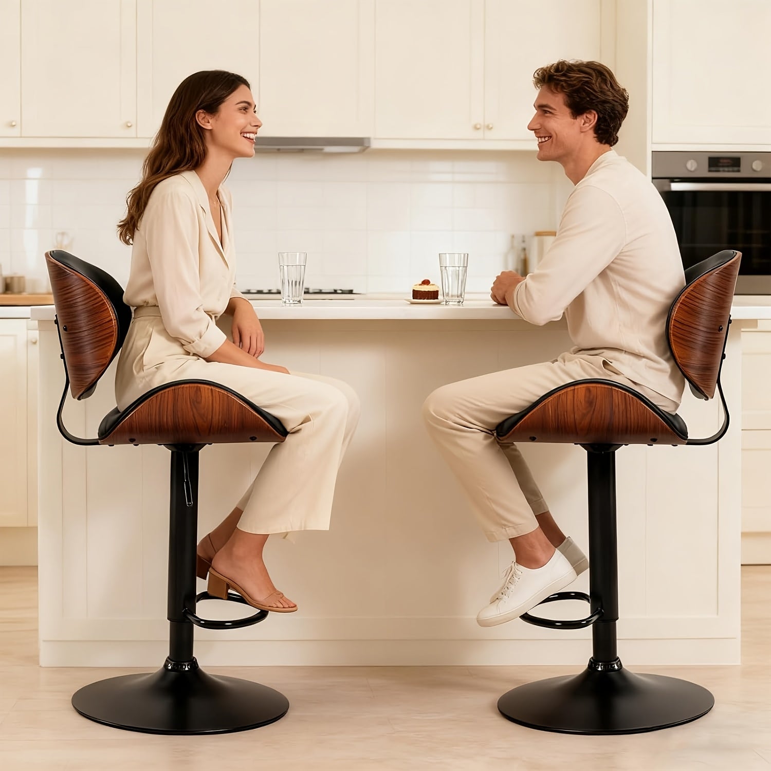 Two Piece for bar Stool Set with Adjustable Height, Featuring PU Leather Seat Cushion, Ergonomic Backrest, And Footrest, Plus Non-Slip Rubber Base Perfect for Bars And Home Kitchen Islands.