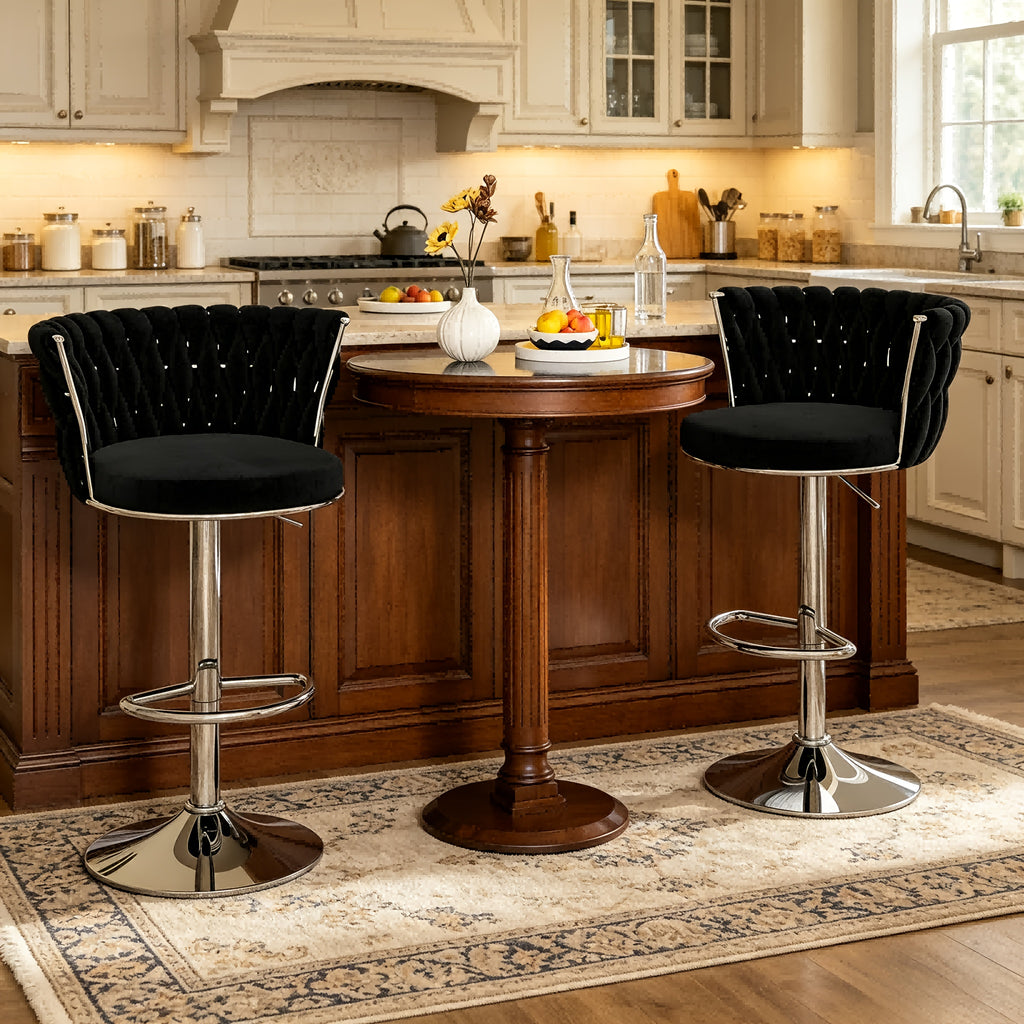 Set Of 2\u002F4 Bar Stools, Modern Braided Velvet Adjustable Swivel Bar Chairs with Backrest, Height Adjustable Counter Stools with Footrest for Kitchen Island, Pub, Home Bar - 4 Colors (Gray\u002FBeige\u002FPink\u002FBlack)