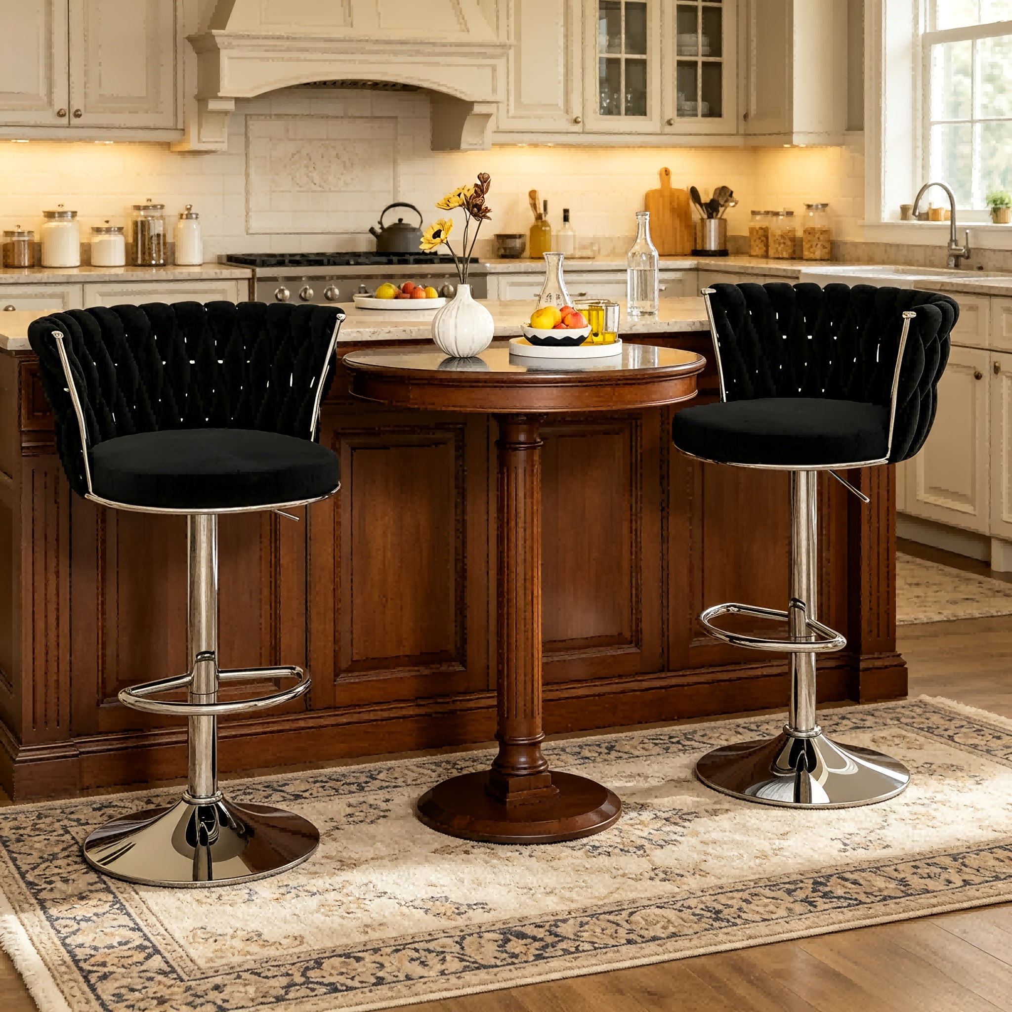 Set Of 2\u002F4 Bar Stools, Modern Braided Velvet Adjustable Swivel Bar Chairs with Backrest, Height Adjustable Counter Stools with Footrest for Kitchen Island, Pub, Home Bar - 4 Colors (Gray\u002FBeige\u002FPink\u002FBlack)