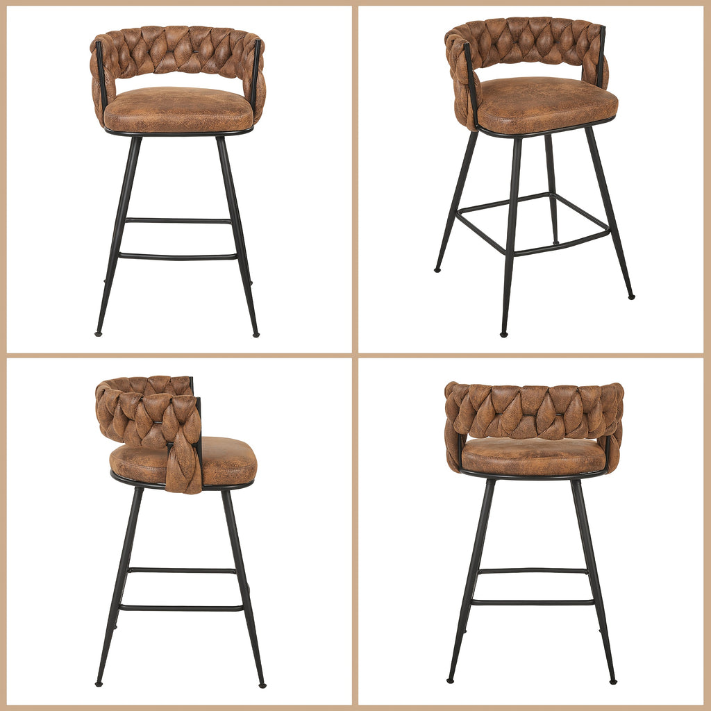 Set Of 2\u002F4\u002F6 Modern PU Leather Counter Stools, Black Legs Mid Century Weaved Back Bar Counter with Footrest, Bar Stools for Kitchen Island