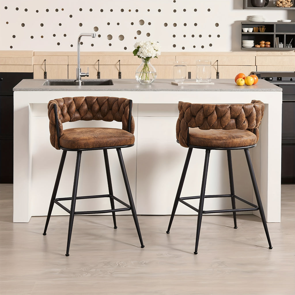 Set Of 2\u002F4\u002F6 Modern PU Leather Counter Stools, Black Legs Mid Century Weaved Back Bar Counter with Footrest, Bar Stools for Kitchen Island