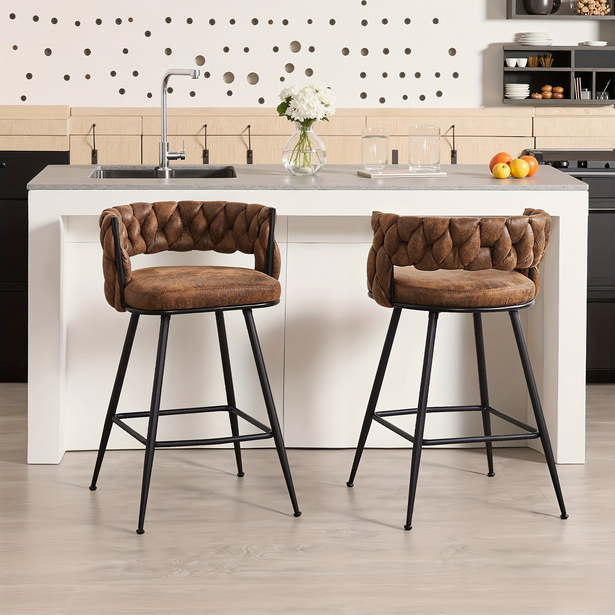 Set Of 2\u002F4\u002F6 Modern PU Leather Counter Stools, Black Legs Mid Century Weaved Back Bar Counter with Footrest, Bar Stools for Kitchen Island