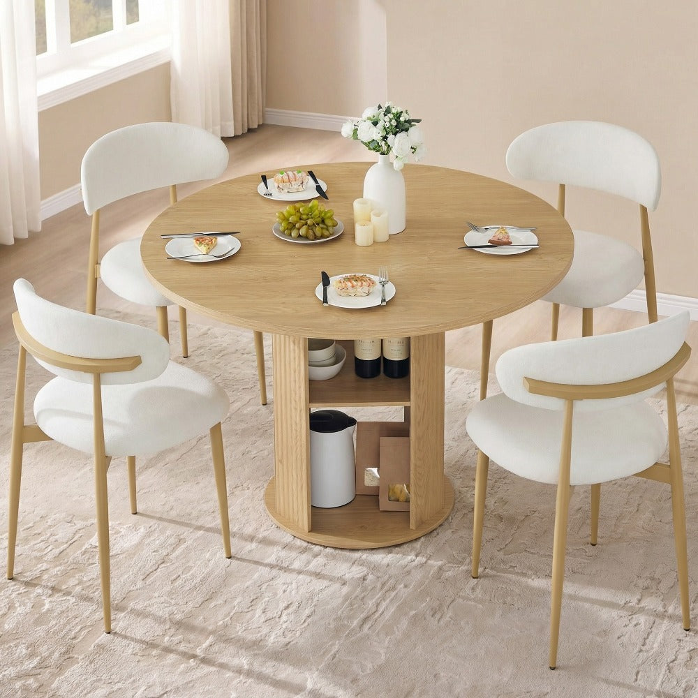 Andehomy 3pcs Retro Round Dining Table Set with 2 Chairs - Fluted Tabletop & Wood Base Suitable for 2-4 People, Space-Saving Small Kitchen Table with Fabric Upholstered Chairs, Walnut Brown for, Living Room, Compact Dining Room