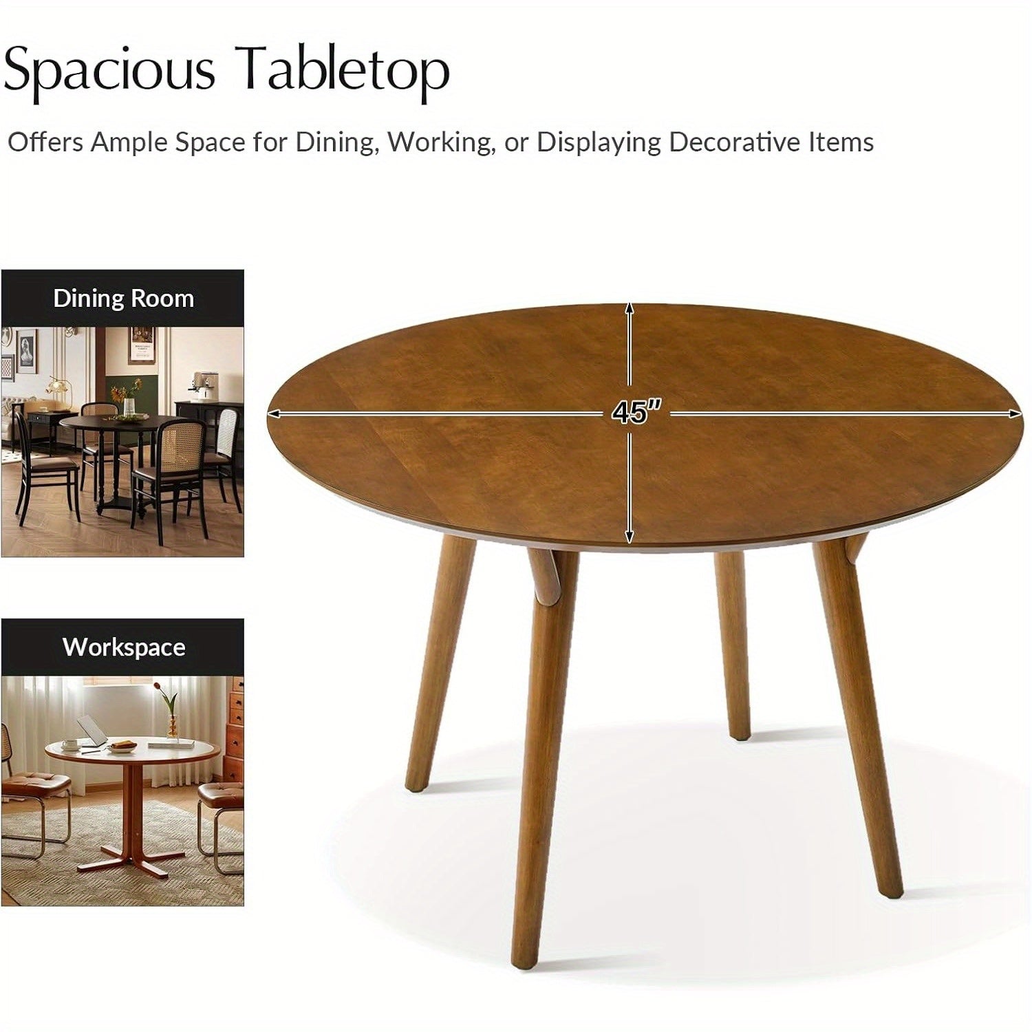 Round Dining Table, Mid Century Modern Wood Kitchen Dinner Table with Solid Wood Legs