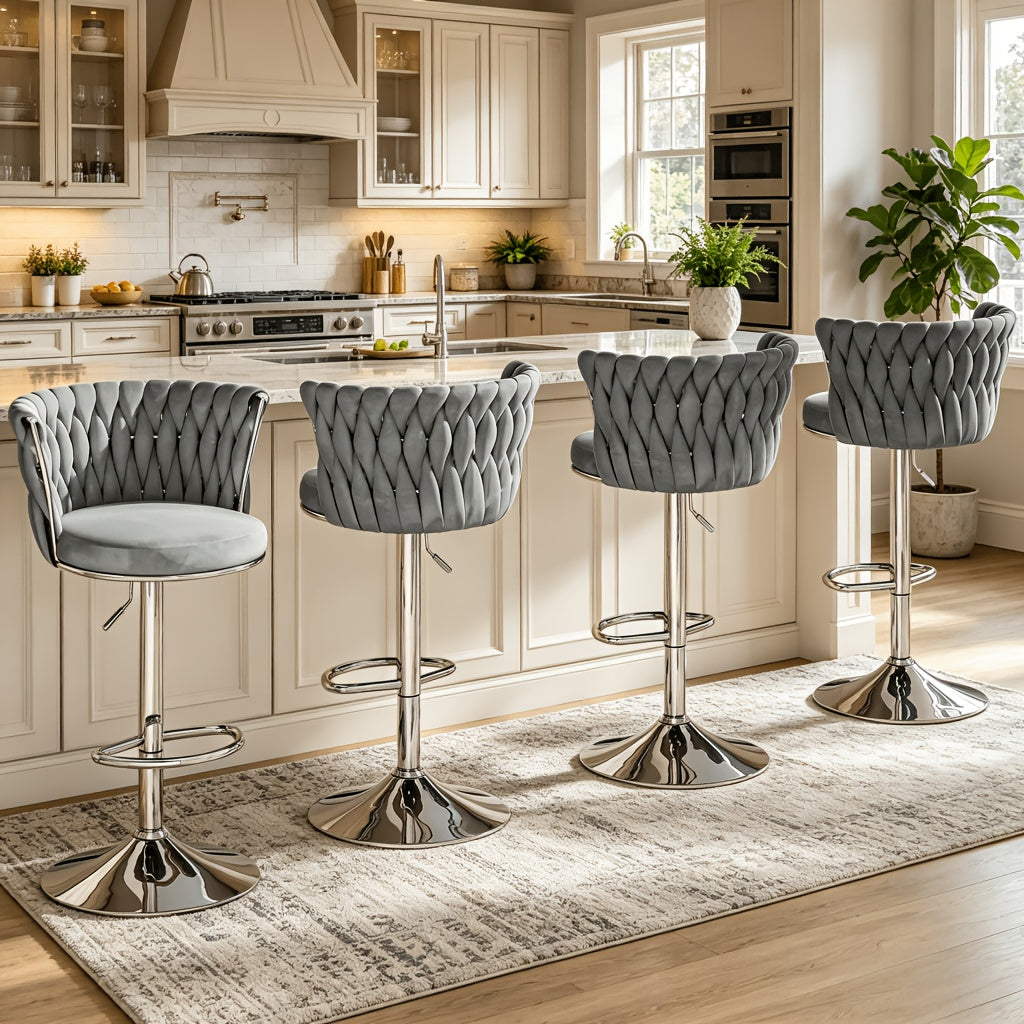 Set Of 2\u002F4 Bar Stools, Modern Braided Velvet Adjustable Swivel Bar Chairs with Backrest, Height Adjustable Counter Stools with Footrest for Kitchen Island, Pub, Home Bar - 4 Colors (Gray\u002FBeige\u002FPink\u002FBlack)