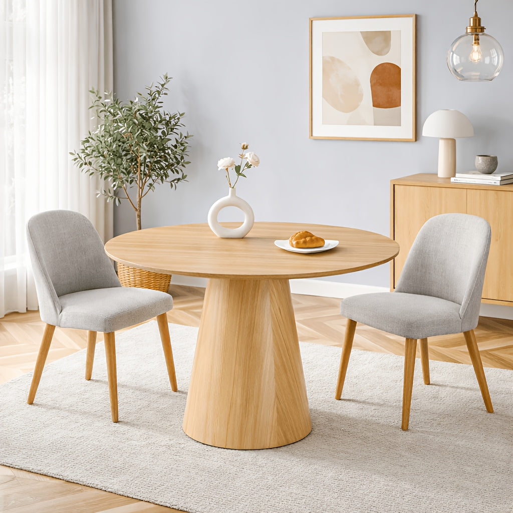 Modern Round Dining Table, 44.8'' Light Wood Finish MDF Tabletop with Conical Pedestal Base, Scandinavian Style Kitchen Dining Table for 4-6 People, Natural Oak Color, Space-Saving Design for Dining Room & Apartment