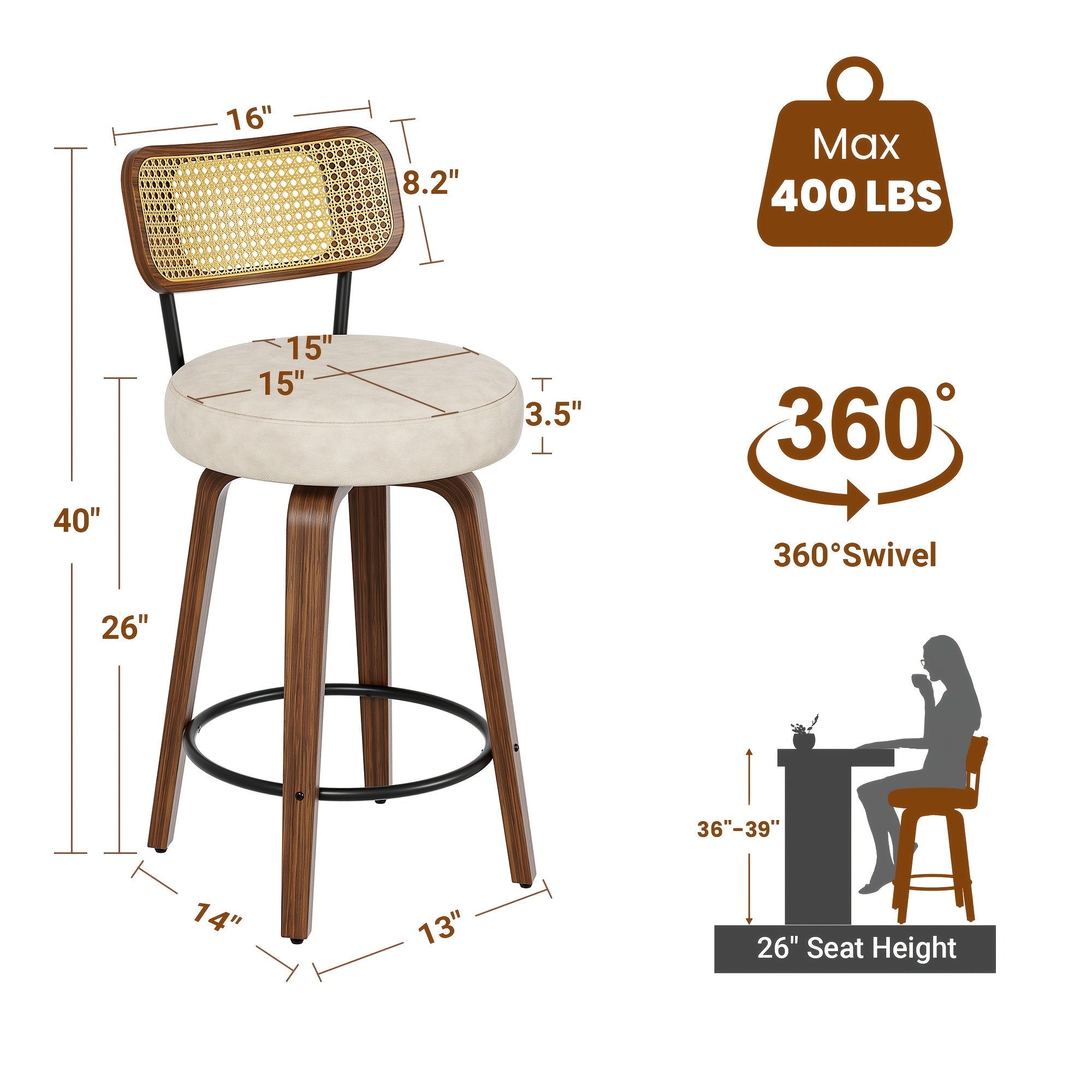 1\u002F2\u002F3\u002F4pcs High-End Faux Leather Bar Stools, 360° Swivel Counter Chairs with Thick Cushion, Curved Bentwood Legs & Durable Rubberwood Frame, Luxury Modern Seating for Kitchen & Dining