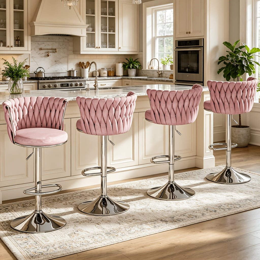 Set Of 2\u002F4 Bar Stools, Modern Braided Velvet Adjustable Swivel Bar Chairs with Backrest, Height Adjustable Counter Stools with Footrest for Kitchen Island, Pub, Home Bar - 4 Colors (Gray\u002FBeige\u002FPink\u002FBlack)