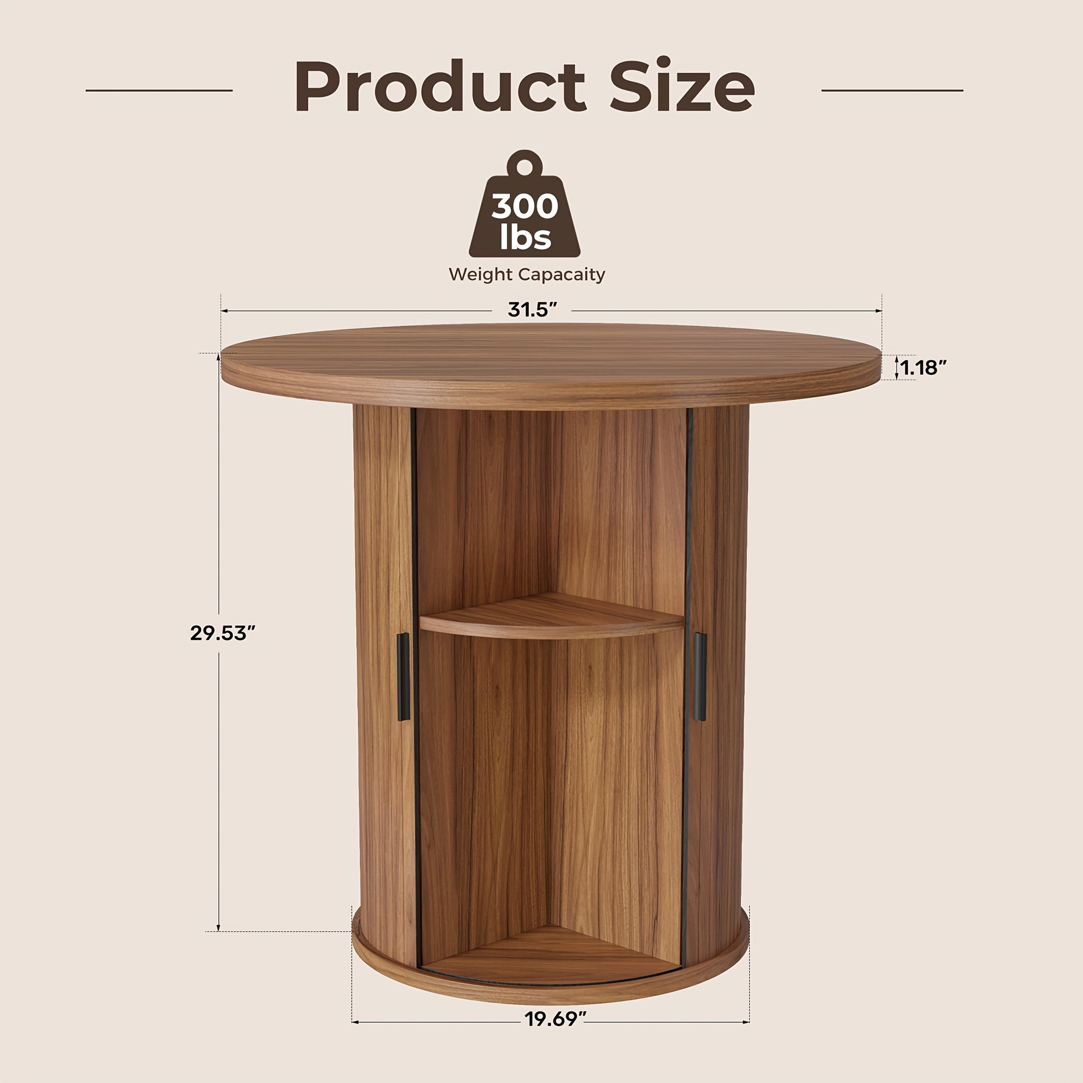 31.5” Round Dining Table Suitable for 2-4 People, Modern Farmhouse Kitchen Table with 2-Tier Storage Shelf & Fluted Base, Wood Table for Small Spaces, Assembly for Home, for Home Dining Room, Living Room, Wood