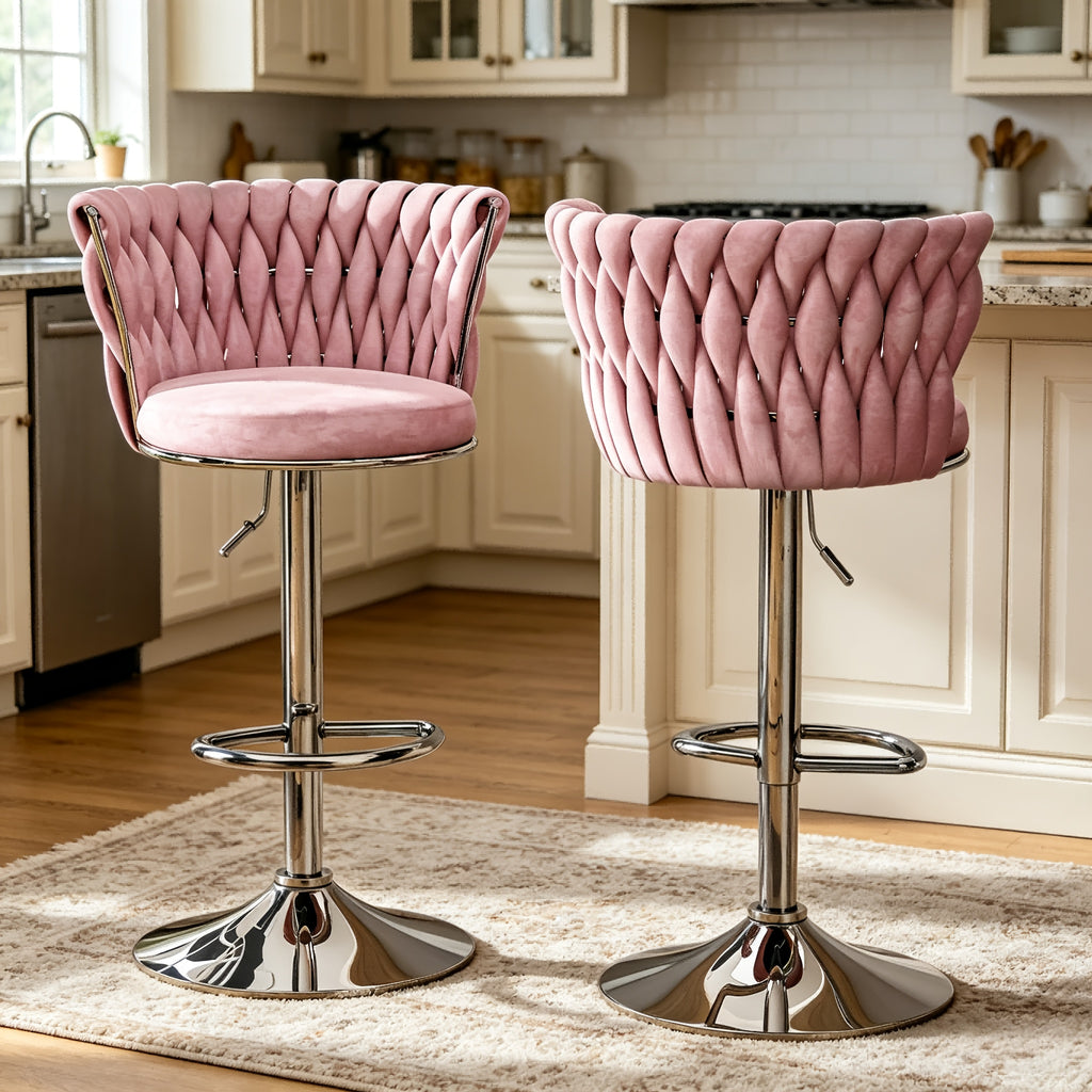 Set Of 2\u002F4 Bar Stools, Modern Braided Velvet Adjustable Swivel Bar Chairs with Backrest, Height Adjustable Counter Stools with Footrest for Kitchen Island, Pub, Home Bar - 4 Colors (Gray\u002FBeige\u002FPink\u002FBlack)