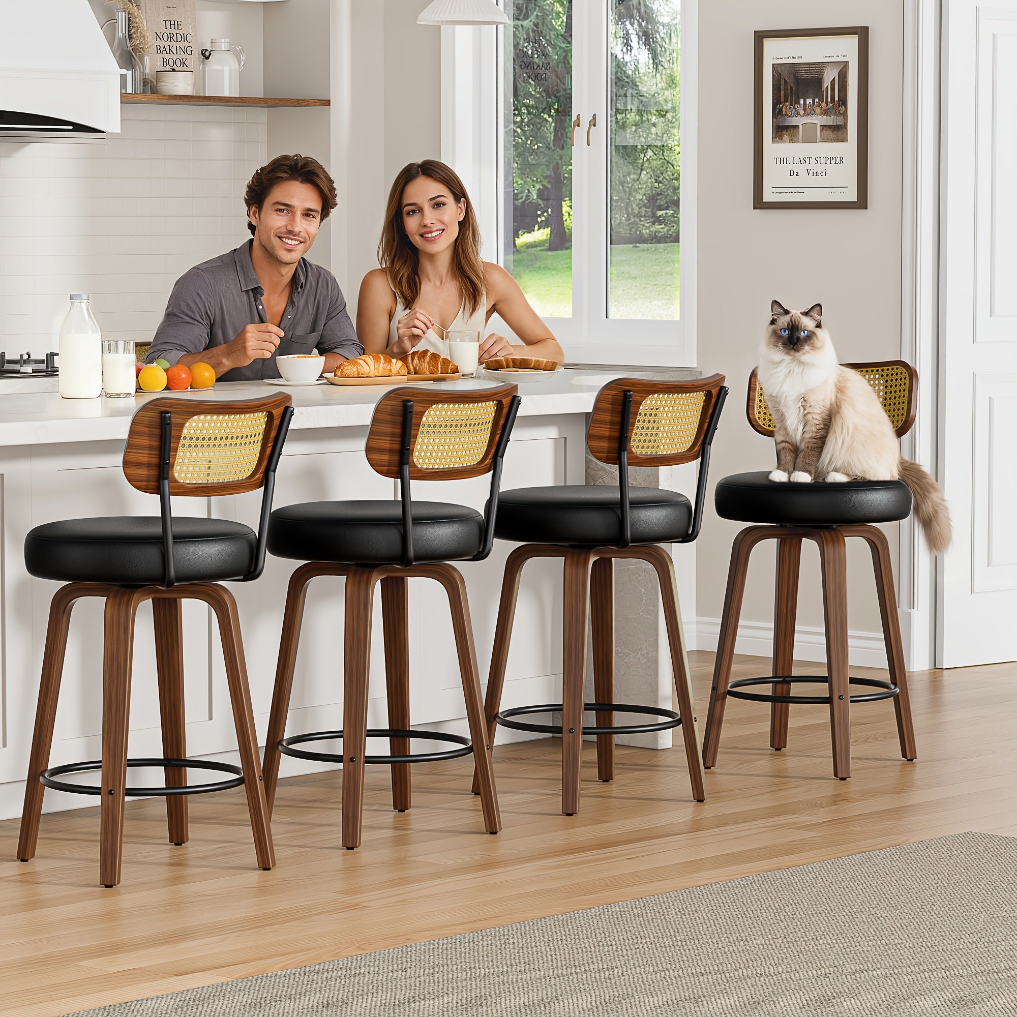 1\u002F2\u002F3\u002F4pcs High-End Faux Leather Bar Stools, 360° Swivel Counter Chairs with Thick Cushion, Curved Bentwood Legs & Durable Rubberwood Frame, Luxury Modern Seating for Kitchen & Dining