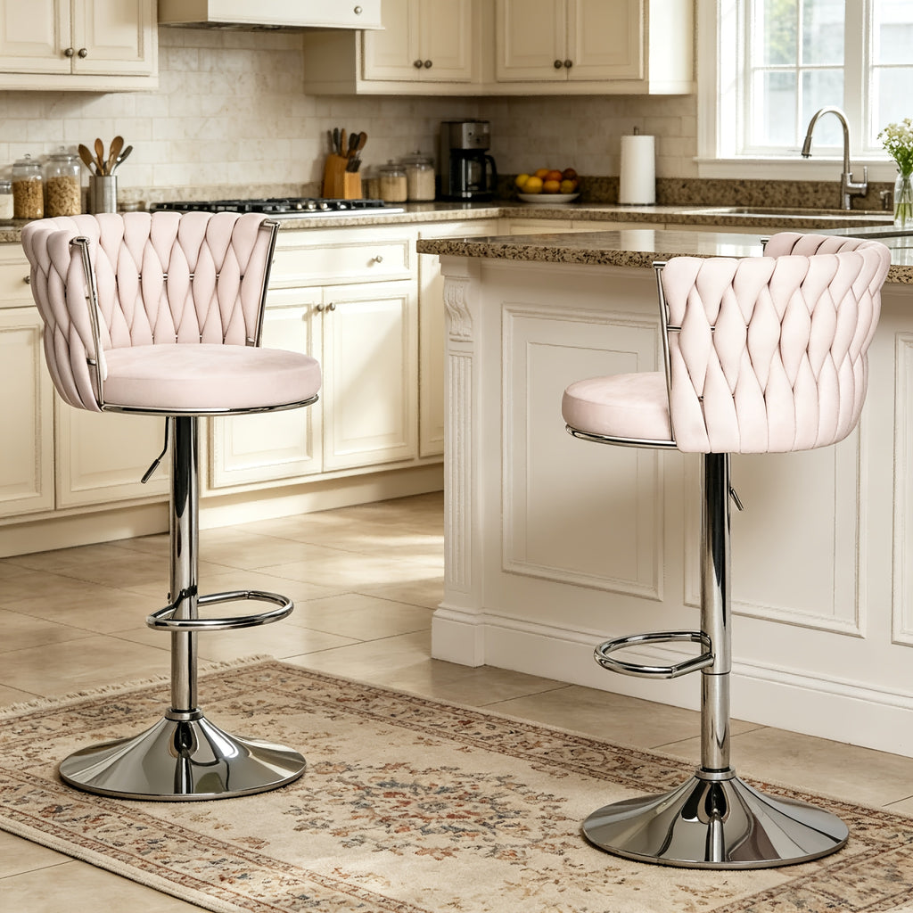 Set Of 2\u002F4 Bar Stools, Modern Braided Velvet Adjustable Swivel Bar Chairs with Backrest, Height Adjustable Counter Stools with Footrest for Kitchen Island, Pub, Home Bar - 4 Colors (Gray\u002FBeige\u002FPink\u002FBlack)