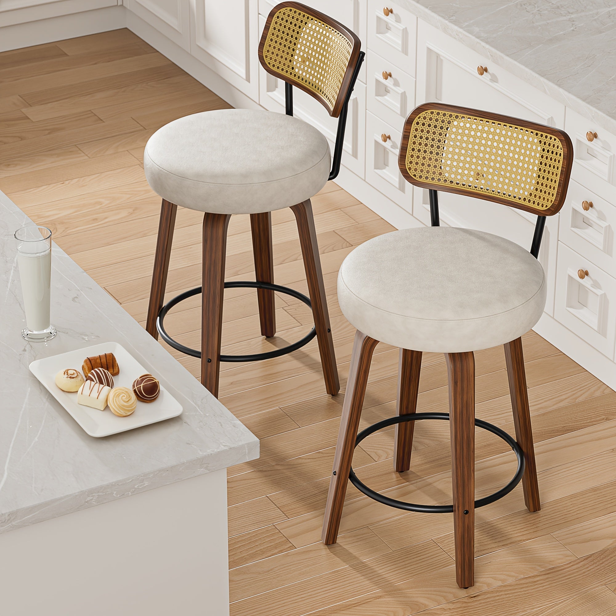 1\u002F2\u002F3\u002F4pcs High-End Faux Leather Bar Stools, 360° Swivel Counter Chairs with Thick Cushion, Curved Bentwood Legs & Durable Rubberwood Frame, Luxury Modern Seating for Kitchen & Dining