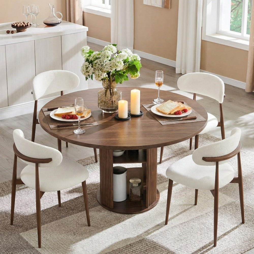 Andehomy 3pcs Retro Round Dining Table Set with 2 Chairs - Fluted Tabletop & Wood Base Suitable for 2-4 People, Space-Saving Small Kitchen Table with Fabric Upholstered Chairs, Walnut Brown for, Living Room, Compact Dining Room