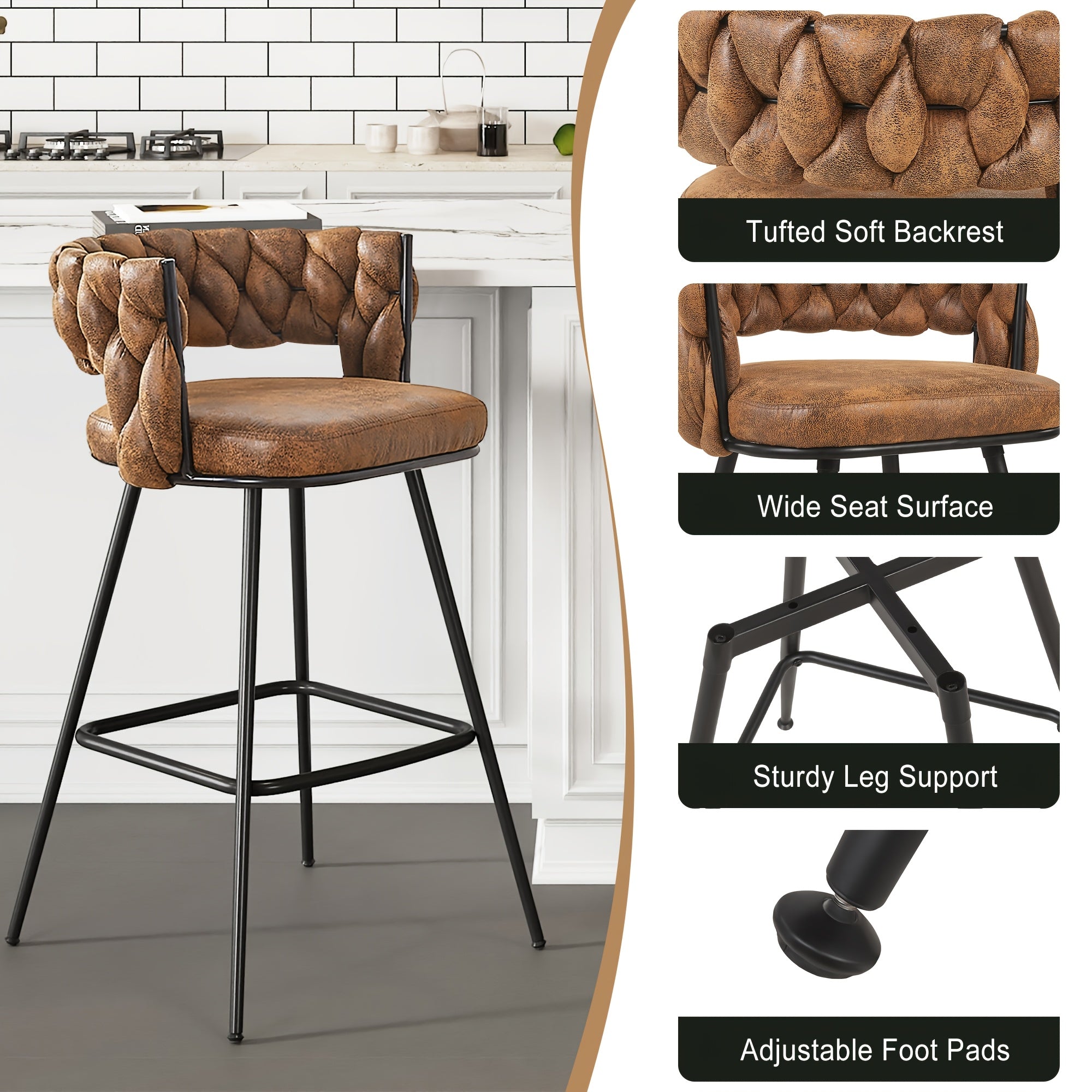 Set Of 2\u002F4\u002F6 Modern PU Leather Counter Stools, Black Legs Mid Century Weaved Back Bar Counter with Footrest, Bar Stools for Kitchen Island