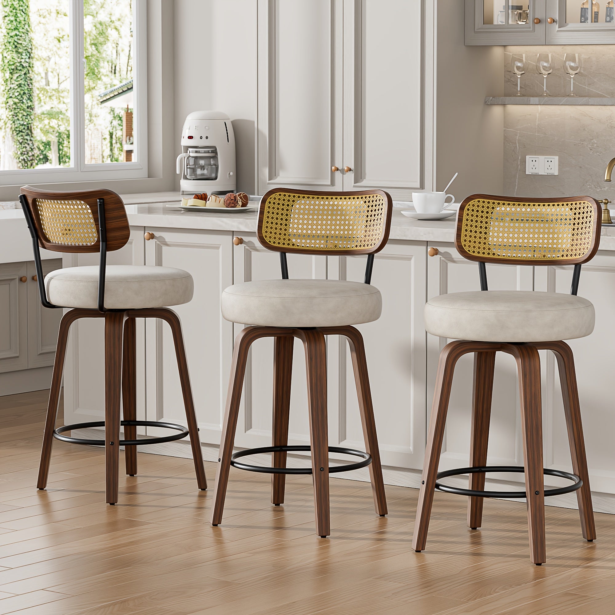 1\u002F2\u002F3\u002F4pcs High-End Faux Leather Bar Stools, 360° Swivel Counter Chairs with Thick Cushion, Curved Bentwood Legs & Durable Rubberwood Frame, Luxury Modern Seating for Kitchen & Dining