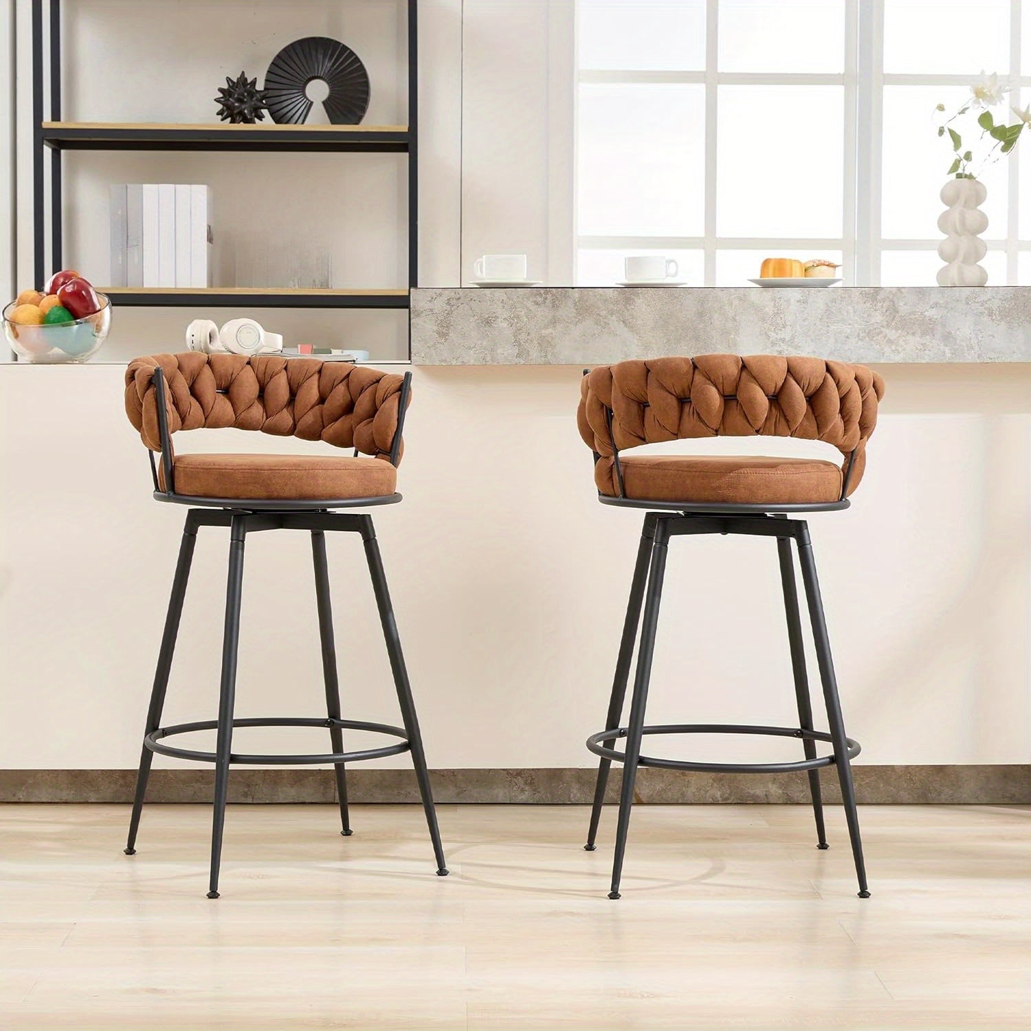 2\u002F4pcs Dark Brown Modern Bar Stool, Adjustable Faux Leather Upholstered Swivel CounterStools with Woven Back, for Restaurant, Cafe, Modern Bar Stool, Thickened Seat Cushion Souare Lsland Barstools with Back