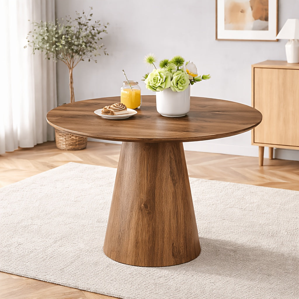 Modern Round Dining Table, 44.8'' Light Wood Finish MDF Tabletop with Conical Pedestal Base, Scandinavian Style Kitchen Dining Table for 4-6 People, Natural Oak Color, Space-Saving Design for Dining Room & Apartment