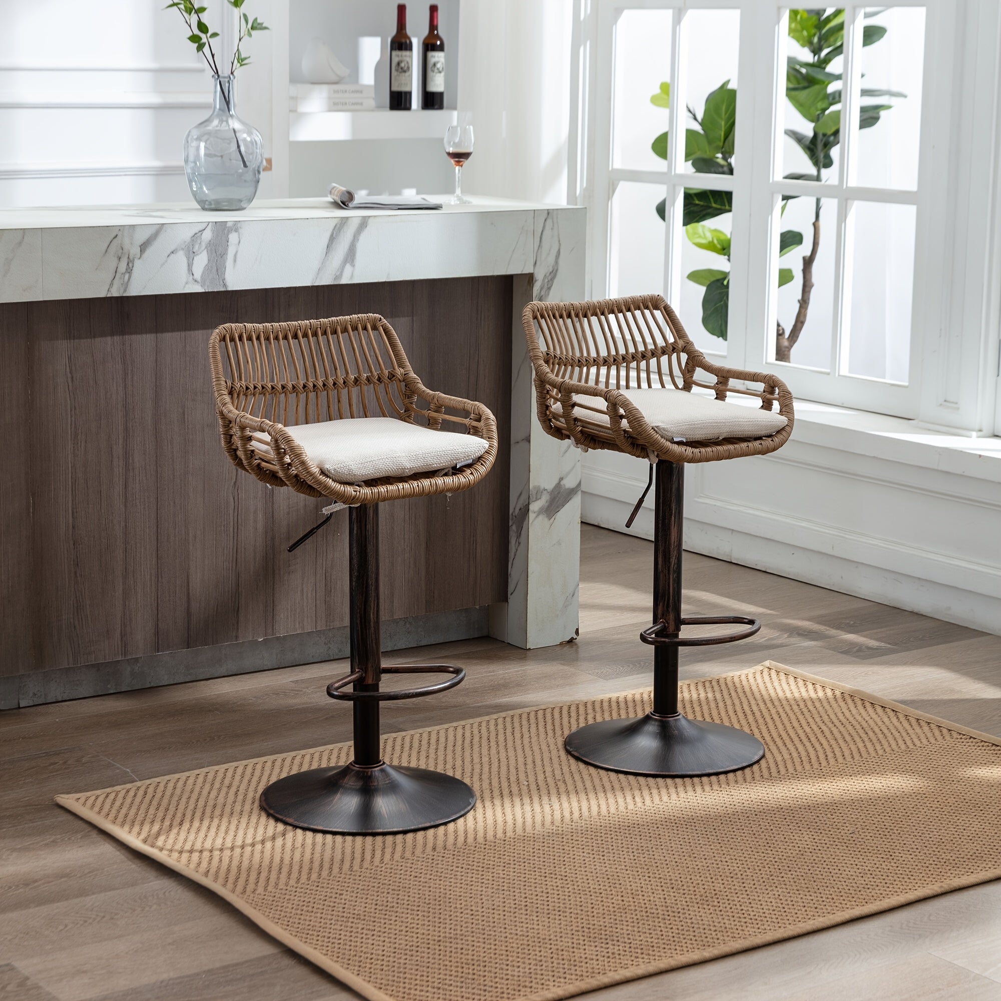 Modern Swivel Bar Stools Set Of 2 Adjustable Counter Height Chairs With Footrest For Kitchen, Dining Room